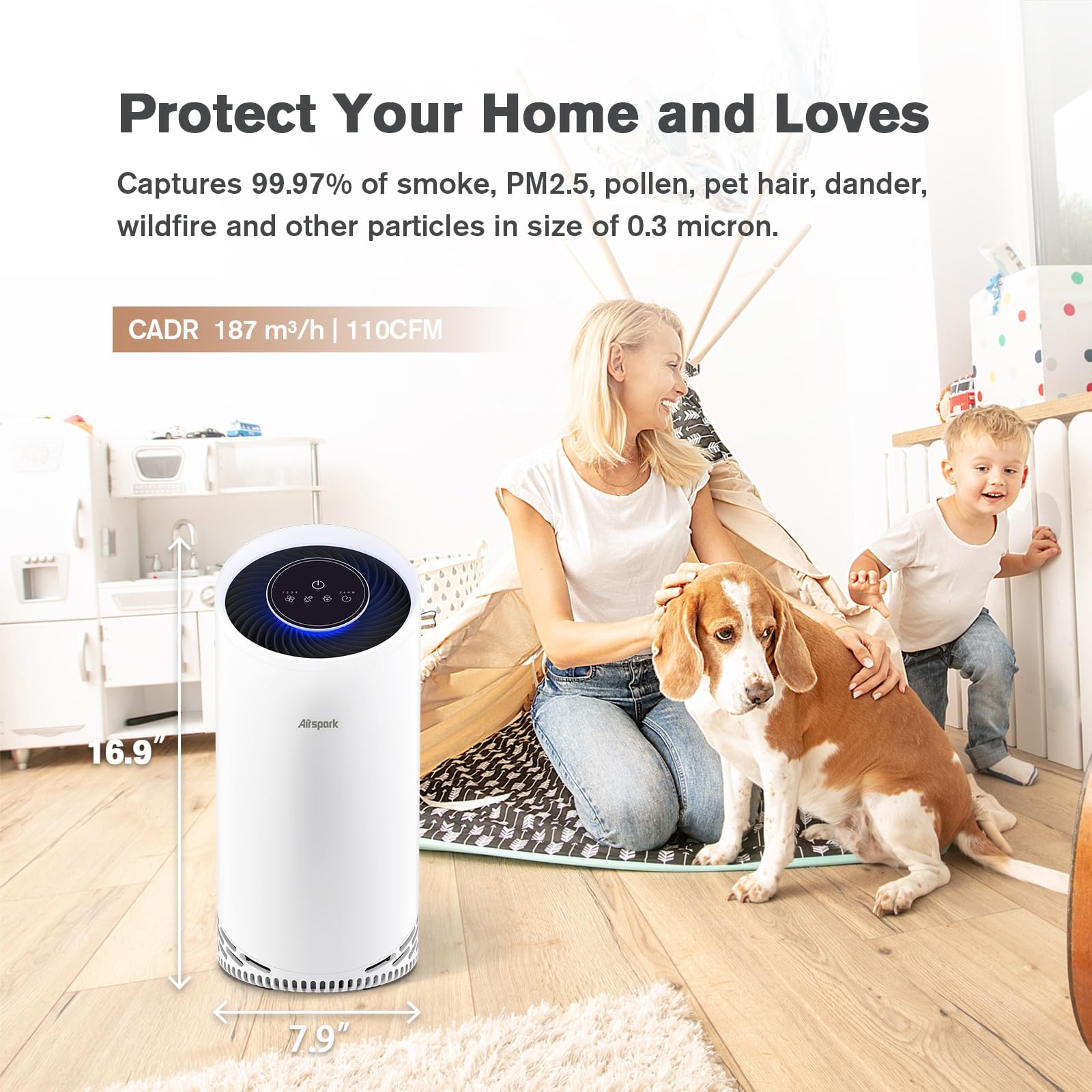 Airspark Air Purifiers For Home Large Room Up To 1375 Ft, 4 In 1 True Hepa Air Purifier For Pets Hair Dander Pollen Smoke Cookin