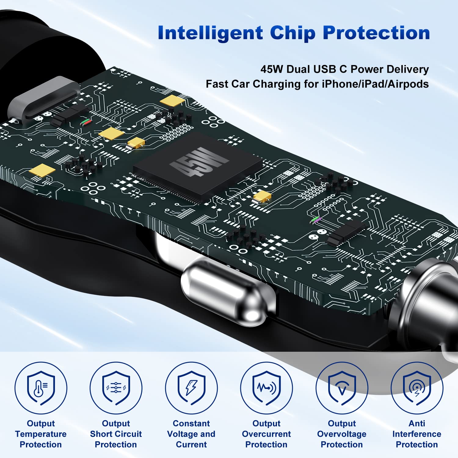 Qzvoo 45W Dual Port Usb C Car Charger Adapter, Mfi Certified Fast Charger For Apple Iphone 14/13/12/11 Pro Max, Ipad, Airpods Wi