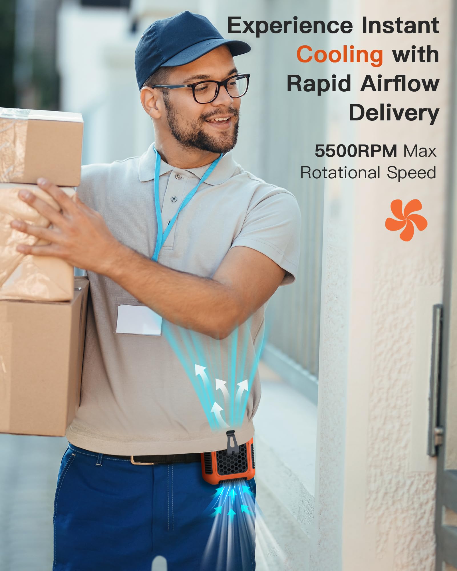 Cooling Waist Fan W/Steel Clip And Silicone Sleeve, Under Shirt Fan Clip On With Lanyard, 24H Personal Fan, 3 Speeds Cooling Bel