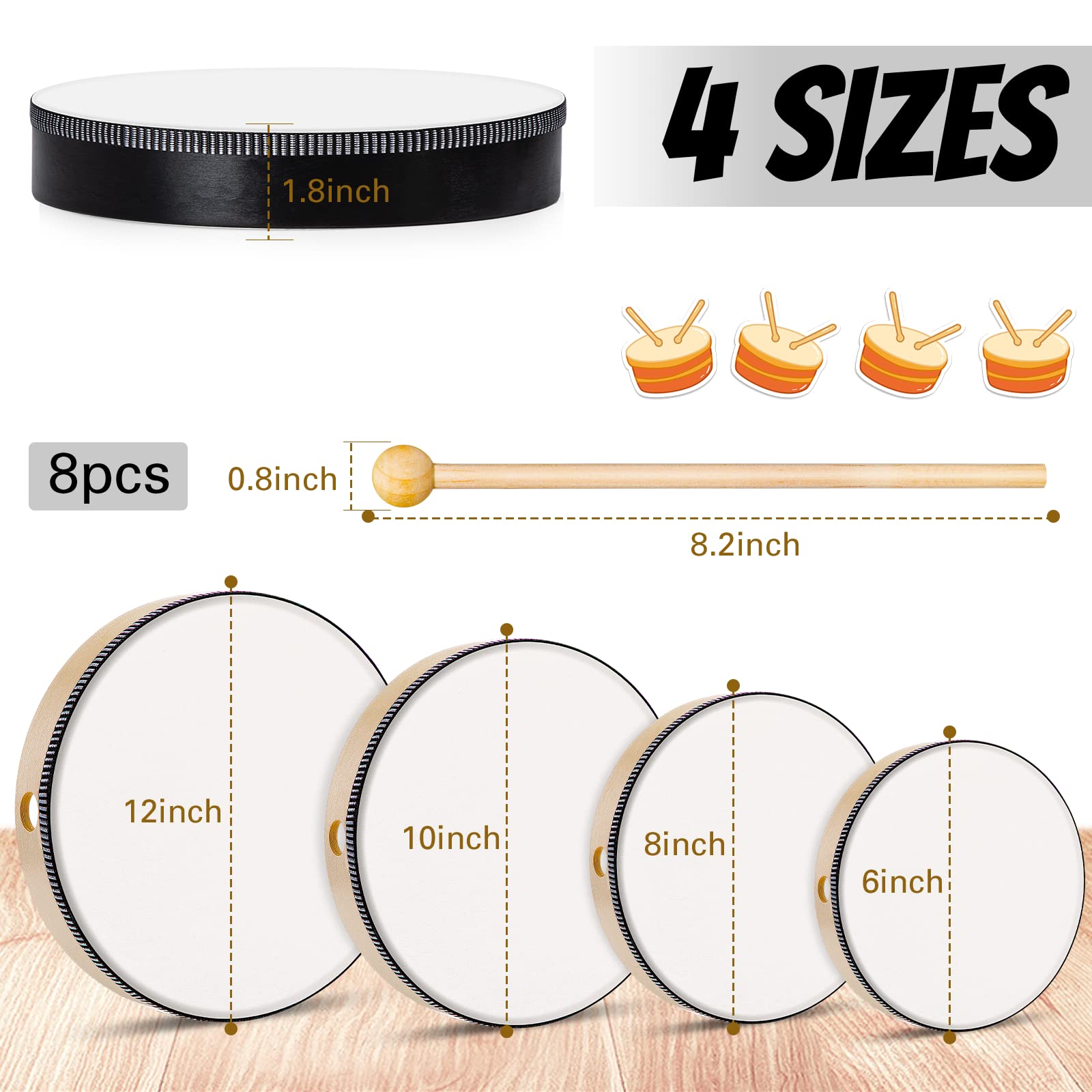 16 Pcs Kids Hand Drums Wooden Frame Drum With Drum Stick, 12 Inch 10 Inch 8 Inch 6 Inch Educational Musical Instruments For Adul