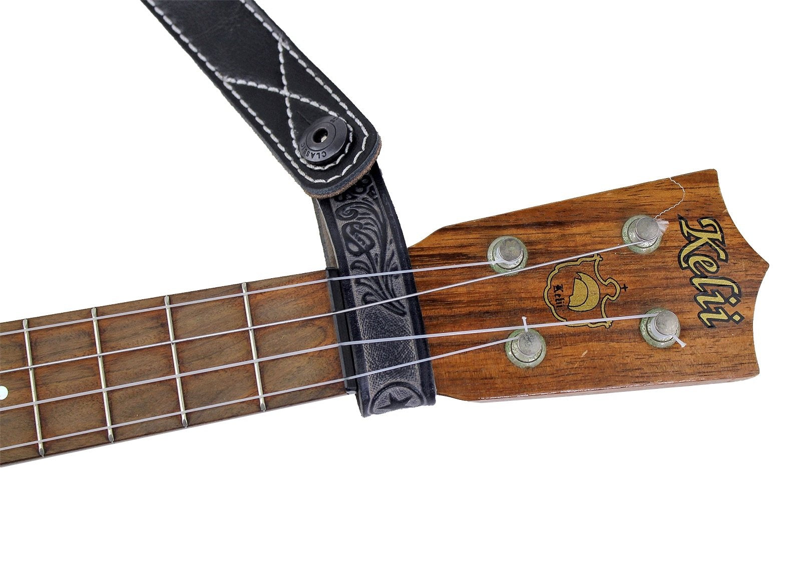 Walker & Williams At 2 Black Carving Leather Acoustic Guitar Strap Button Headstock Adaptor For Acoustic, Electric, And Bass Gui