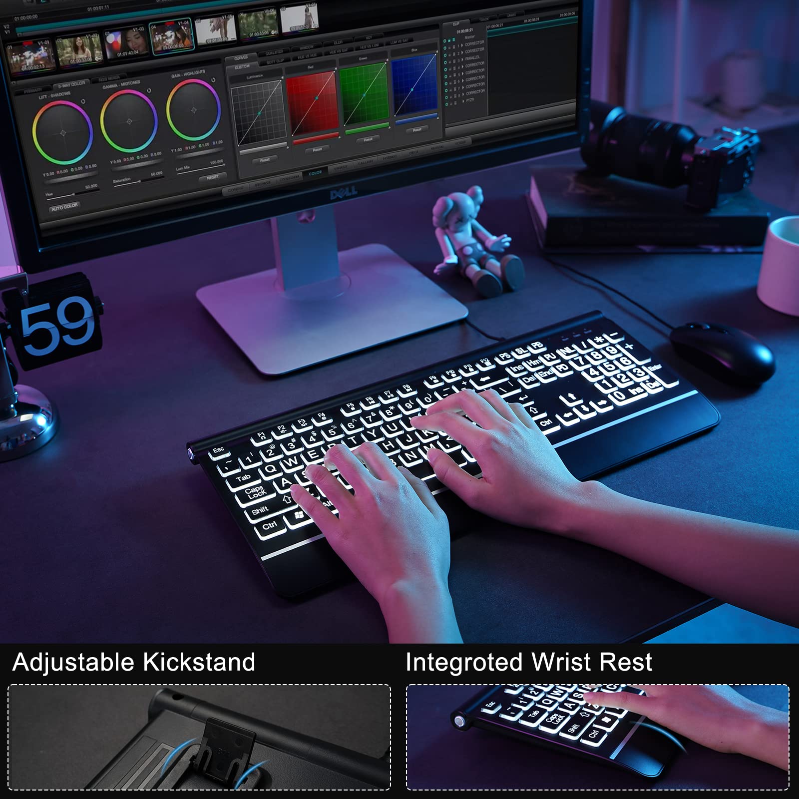 Large Print Backlit Computer Keyboard, 7 Color Backlit Keyboard With Wrist Rest, Usb Plug And Play, Oversize Letters Keys Easy T