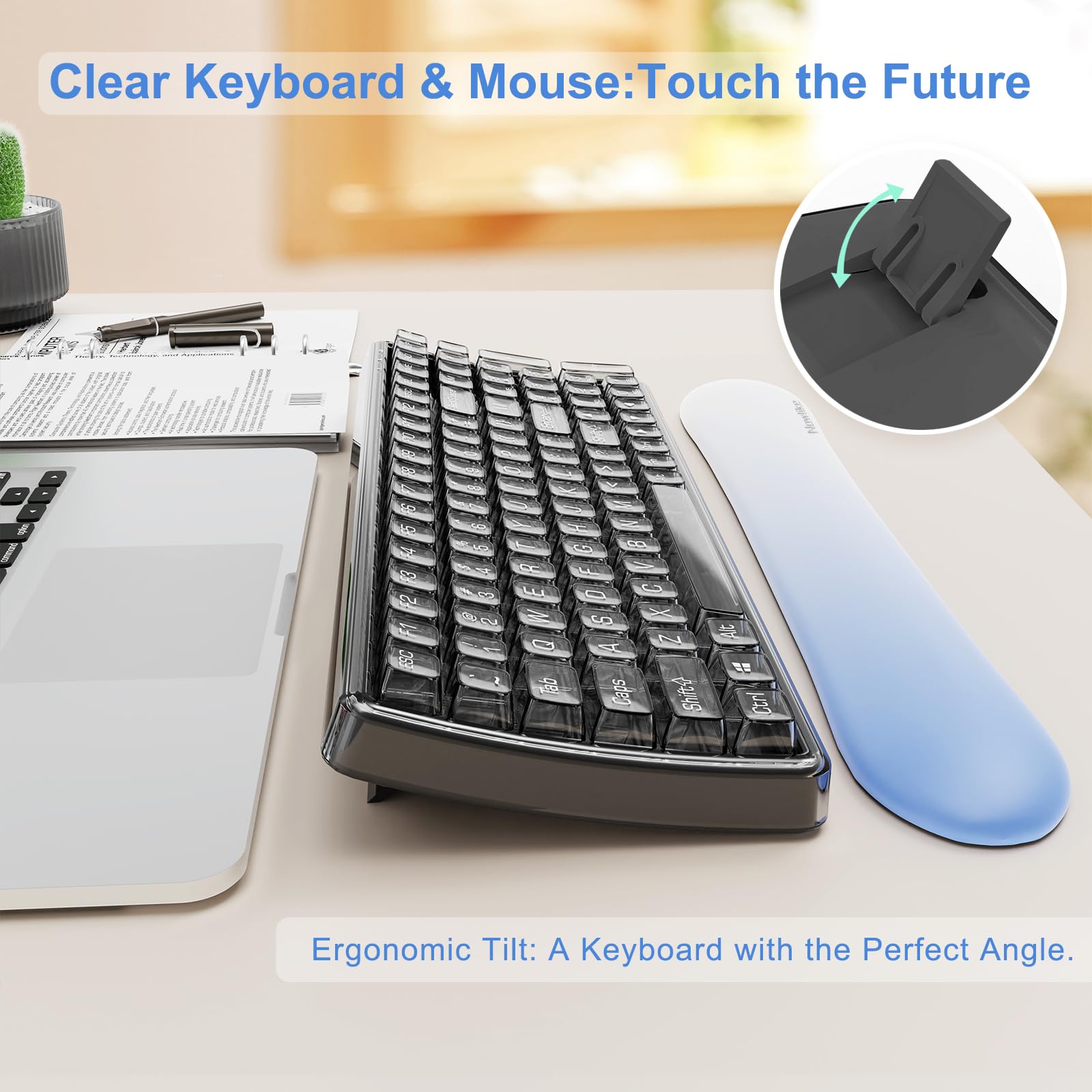 Wireless Transparent Keyboard And Mouse Combo With Soft Wrist Rest, Nowlike Ergonomic Full Size With Clear Keycaps, Compatible W