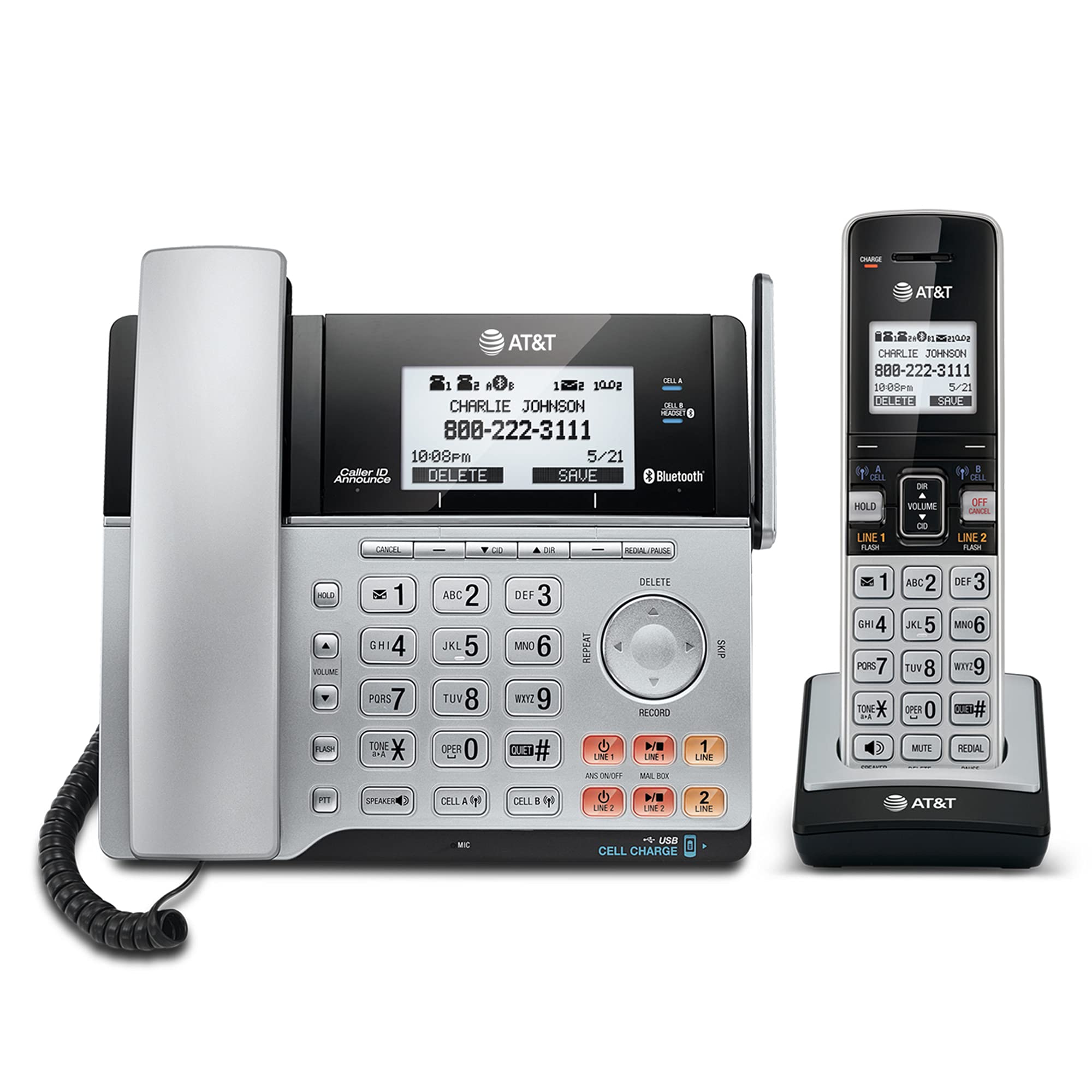 AT&T TL86103 2-Line Corded/Cordless for Small Business with Answering Machine, 2-Mailboxes, Connect-to-Cell, Caller ID Announcer