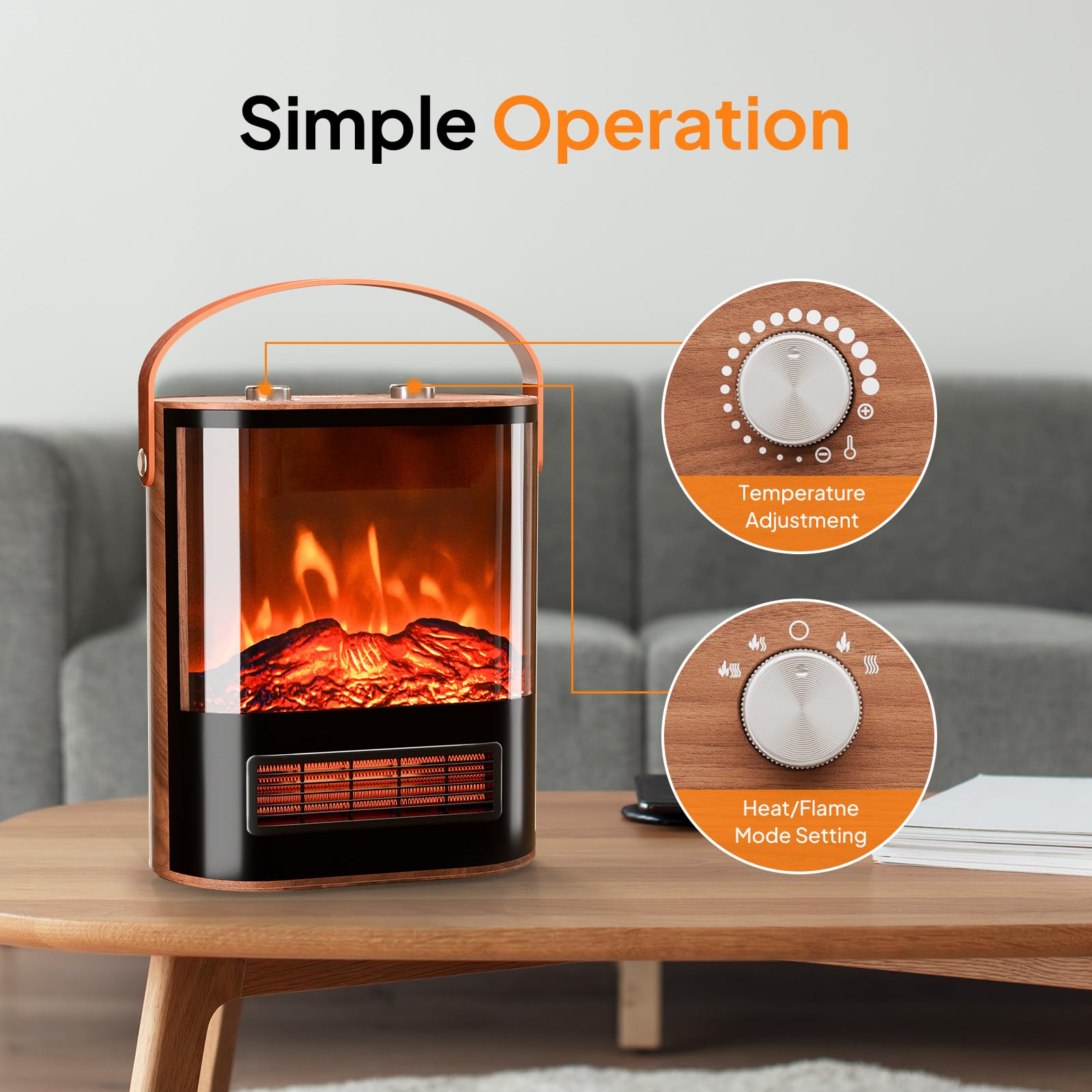 Rovsun 1500W Electric Fireplace Stove With Realistic Flame Effect, 16''H Portable Freestanding Tabletop Mini Heater With 4 Heat