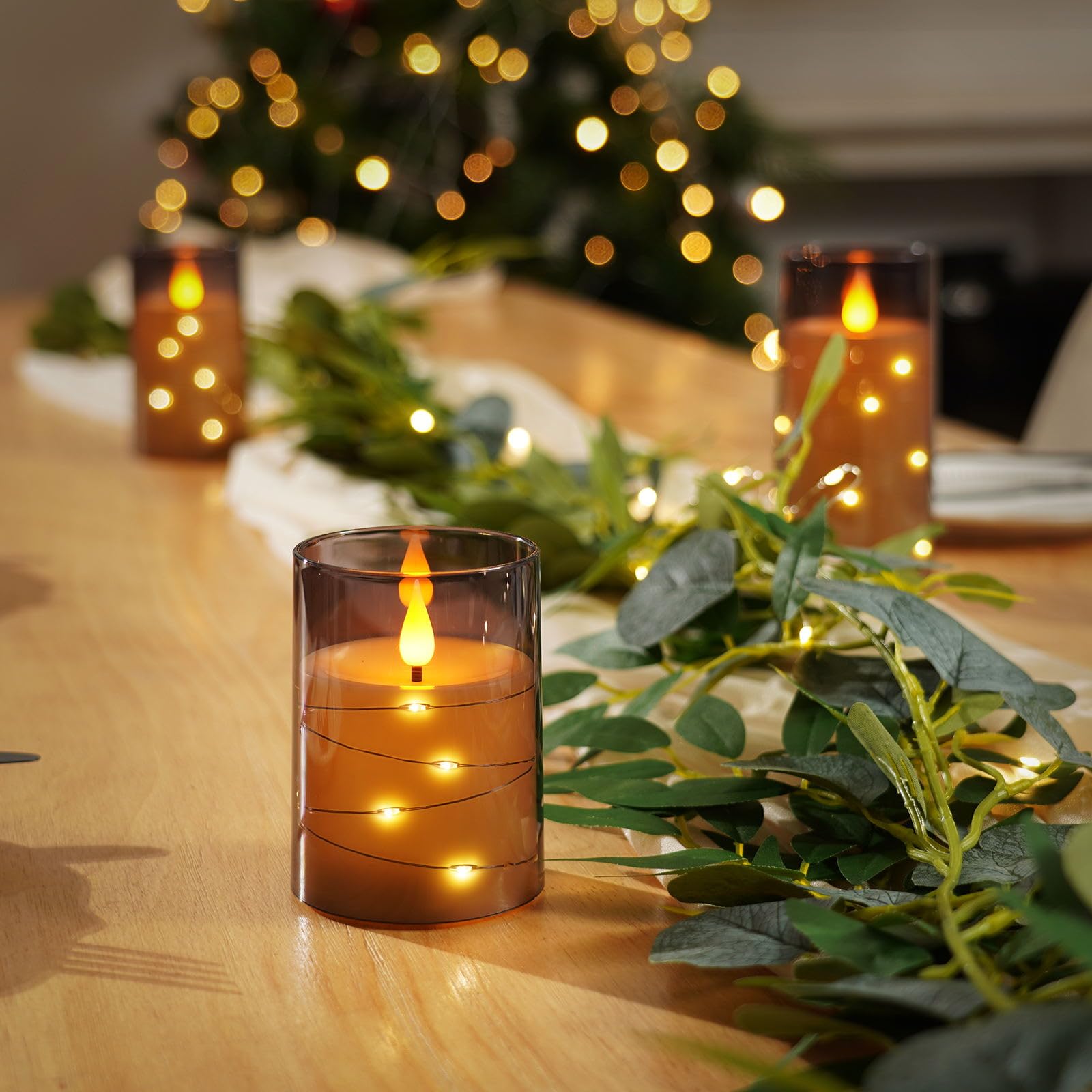 Amagic Grey Flameless Candles With Remote, Flickering Battery Operated Candles With Embedded Fairy Lights, Acrylic Led Candles W