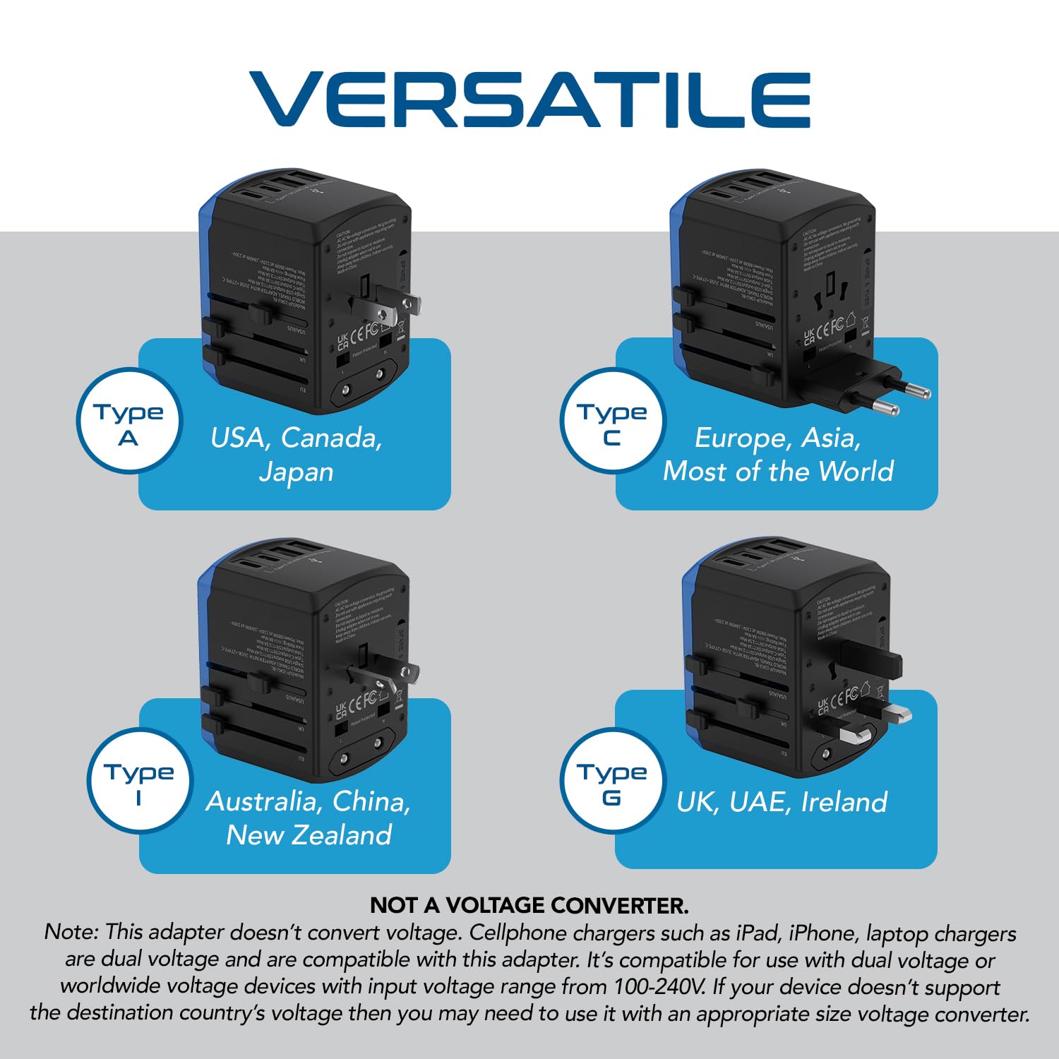 Ceptics Universal Travel Adapter, 5 In 1 Universal Laptop Charger With 2X Usb A & Usb C 3.5A For Mobiles, Laptops, Cameras Us, U
