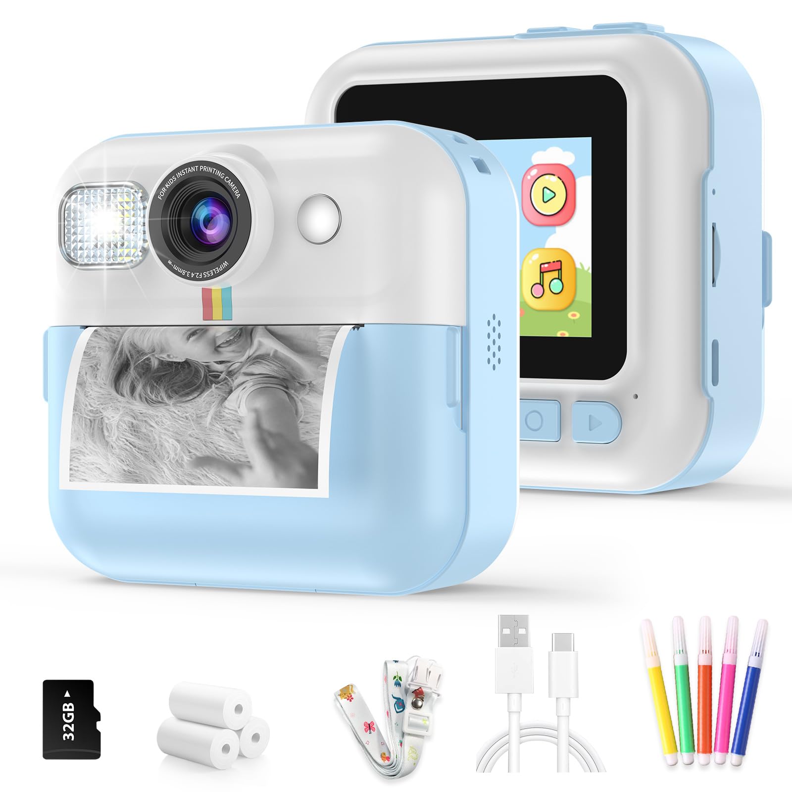 Kid Camera For Boys,Portable Toddler Blue Printing Camera Toy 1080P Video Cameras Children Instant Print Camera For Kids 3 Print