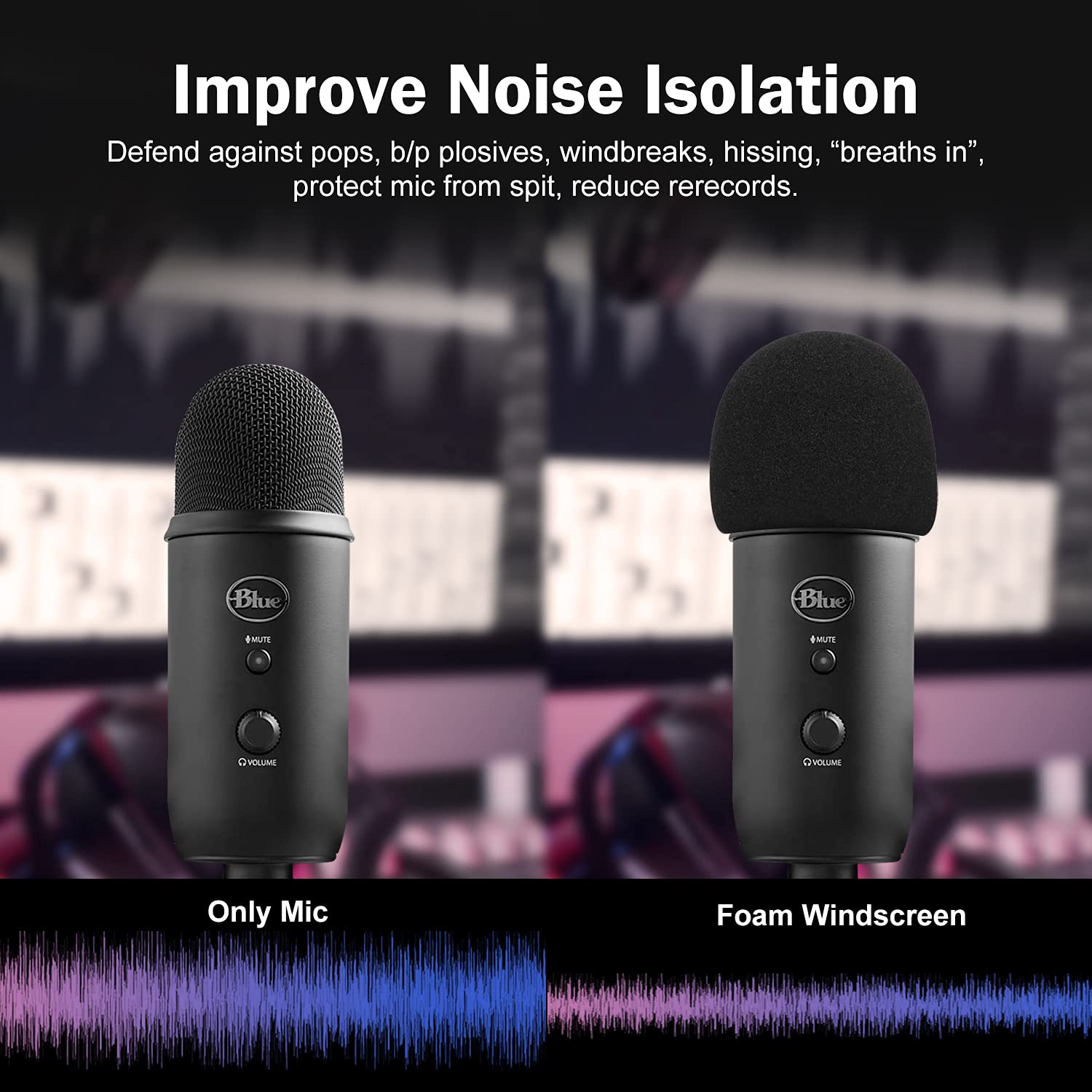 Foam Microphone Windscreen For Blue Yeti   Professional Pop Filter For 2.5 Inch Diameter Microphones Sponge Mic Cover 2Pcs