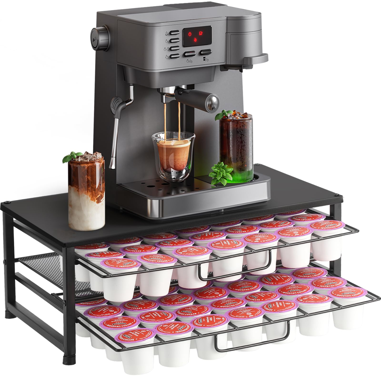 Ecolovi K Cup Holder Organizer For 70 Pods, 2 Tier Coffee Pod Holder For K Cup With 2 Sliding Storage Drawers, Coffee Station Ba
