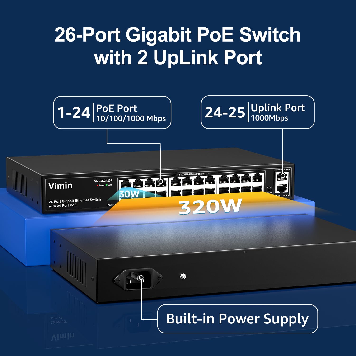 24 Port Gigabit Poe Switch With 2 Uplink Gigabit Ports, Vimin 26 Port Unmanaged Poe Ethernet Switch With 320W Power, Support Iee