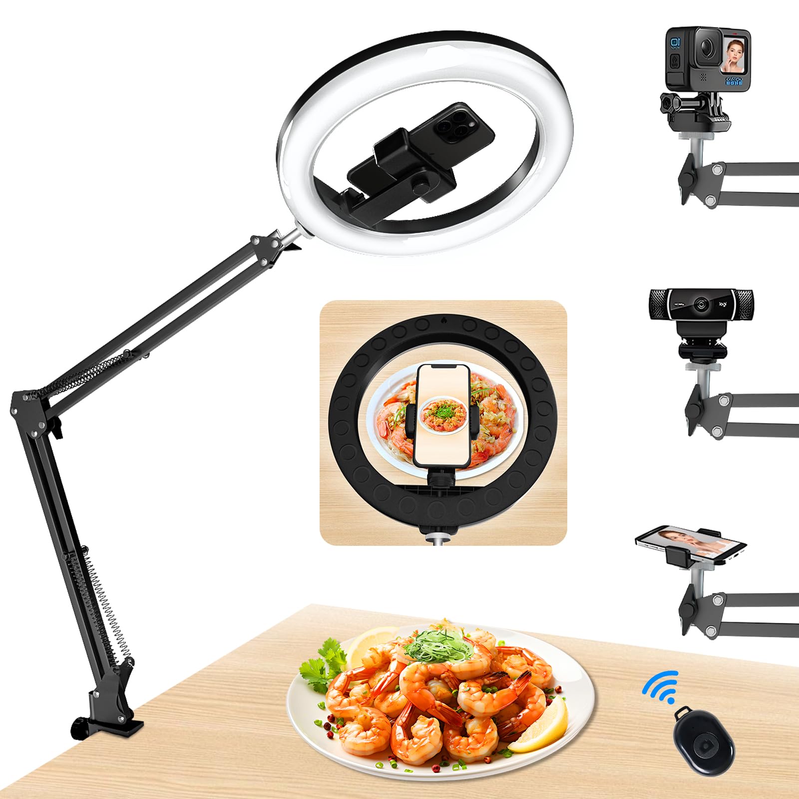 Overhead Phone Mount With Ring Light, 10 Led Selfie Light For Desk,With Stand And Phone Holder For Iphone And Camera,Overhead Tr