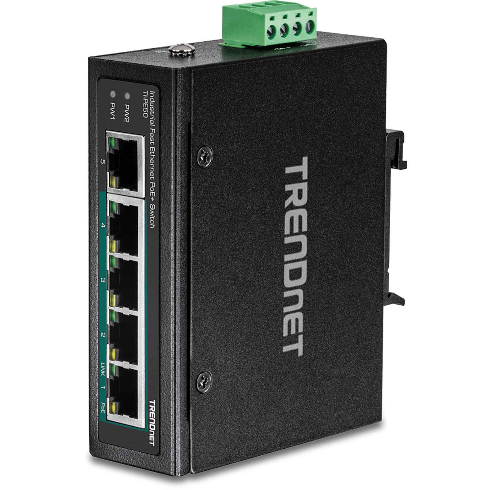Trendnet 5 Port Industrial Fast Ethernet Din Rail Switch, 4 X Fast Ethernet Poe+ Ports, 1 X Fast Ethernet Port, 90W Poe Power Bu