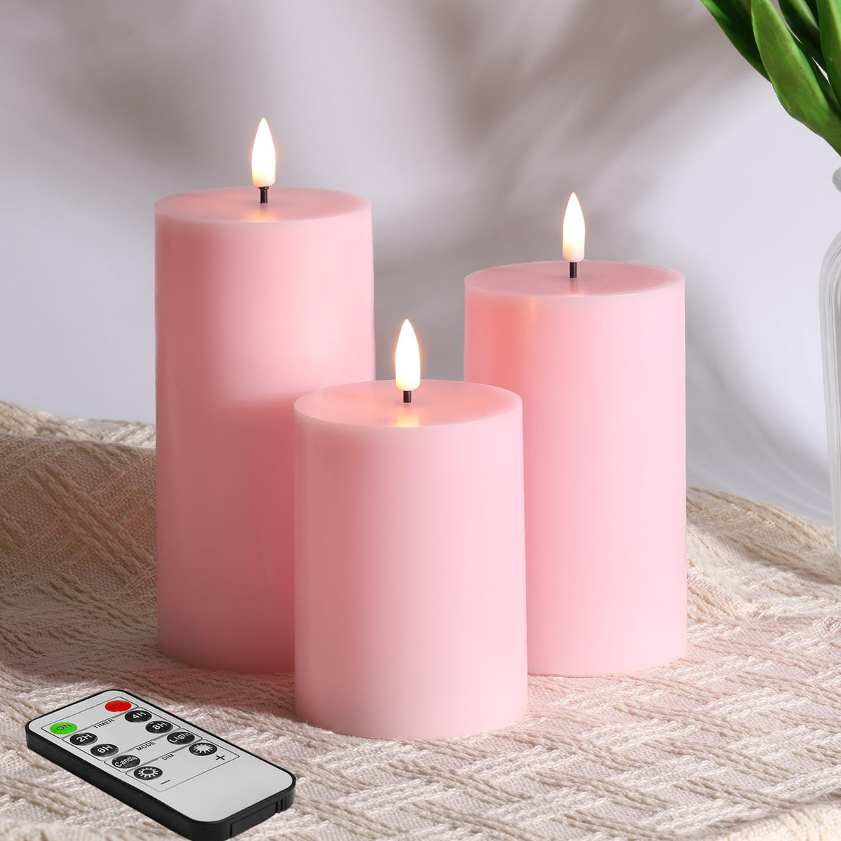 Girimax Pink Flameless Pillar Candles With Remote, Real Wax Flickering Battery Operated Led Candles F 3'' H 4'' 5'' 6''