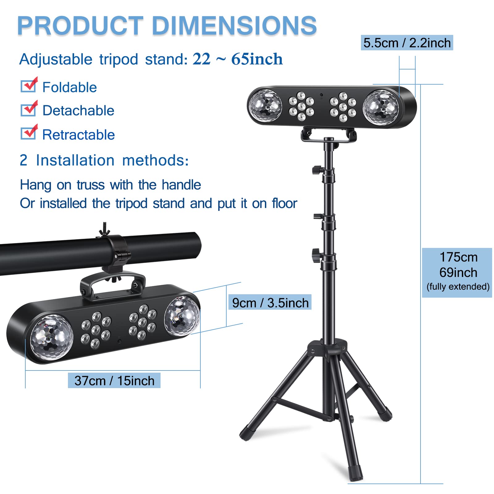 Telbum DJ Lights with Stand - Sound Activated LED Par Light Set, 2x Rotating Ball - TL-E317, Mobile Stage Lighting for Parties & Events