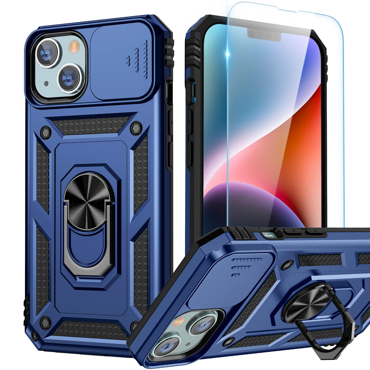 Goton For Iphone 14 Plus Case With Screen Protector   Slide Camera Cover Phone Case With Ring Stand, Heavy Duty Military Grade S