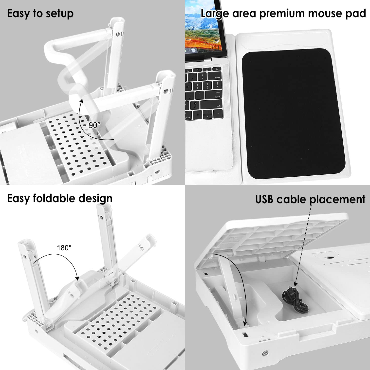 Laptop Desk For Bed,Adjustable Laptop Stand Foldable Bed Table Portable Lap Desk Folding Notebook Stand Reading And Writing Tray With 4 Usb Port And Cooling Fan For Bed Couch Sofa Floor (White)