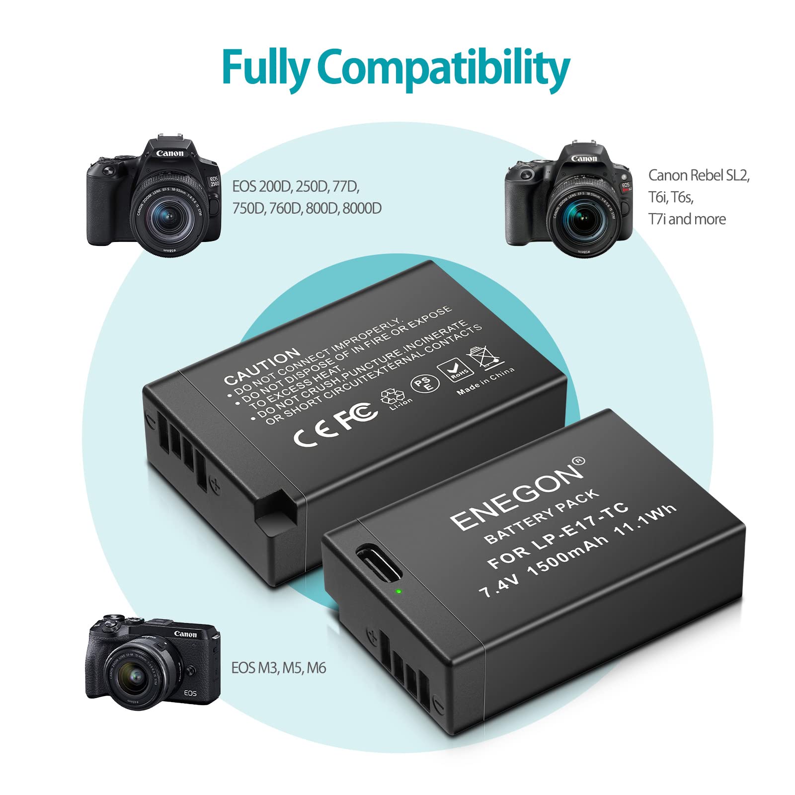 ENEGON LP-E17 Replacement Battery 2-Pack for Canon EOS Cameras, Type-C Charging, 1 Count