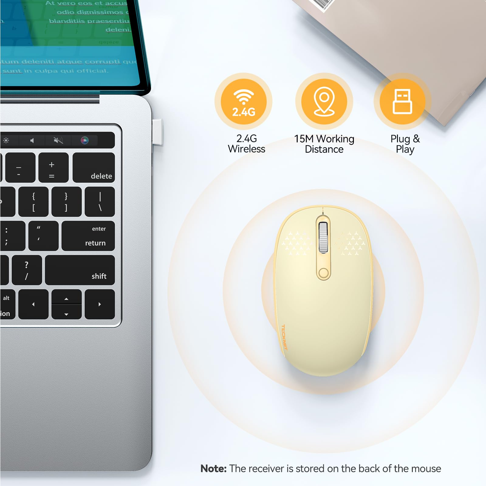 Tecknet Wireless Mouse, 2.4G Quiet Computer Mouse With Usb Receiver, 4 Buttons Portable Cordless Mice For Chromebook, Laptop, Pc, Mac, 800/1200/1600 Dpi   Yellow