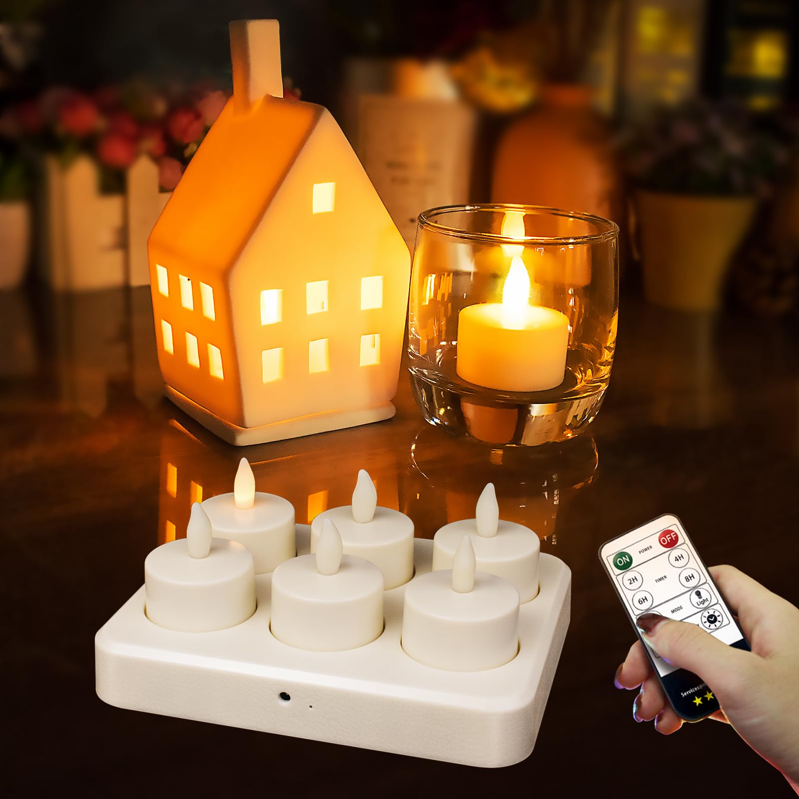 Hl Flameless Candles With Remote & Charging Base,6Pcs 50+Hours Rechargeable Battery Operated Tea Lights Timer Candles, Led Votiv