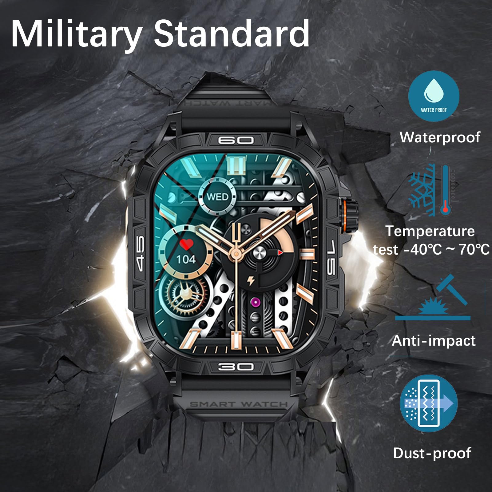 Rugged Smart Watch Health Watches For Men, Waterproof Smart Watches For Men Fitness Watch With Heart Rate Sleep Blood Pressure A