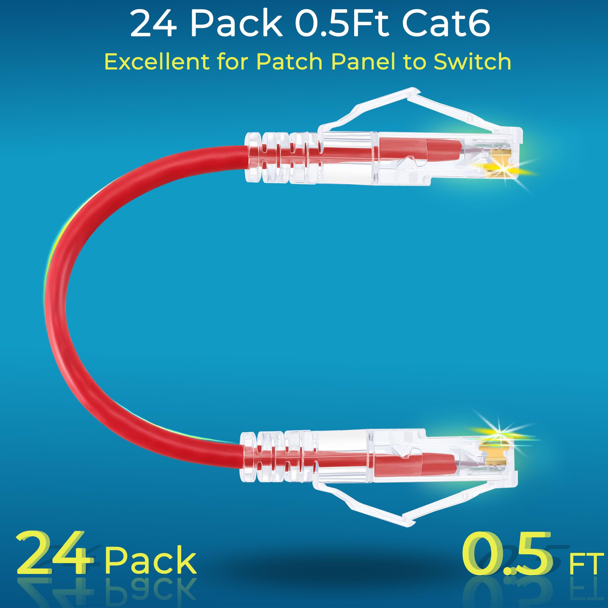 Rapink Slim Cat6/ Cat6A 0.5Ft (24 Pack) Ethernet Patch Cable   10G Support, Snagless, Flexible