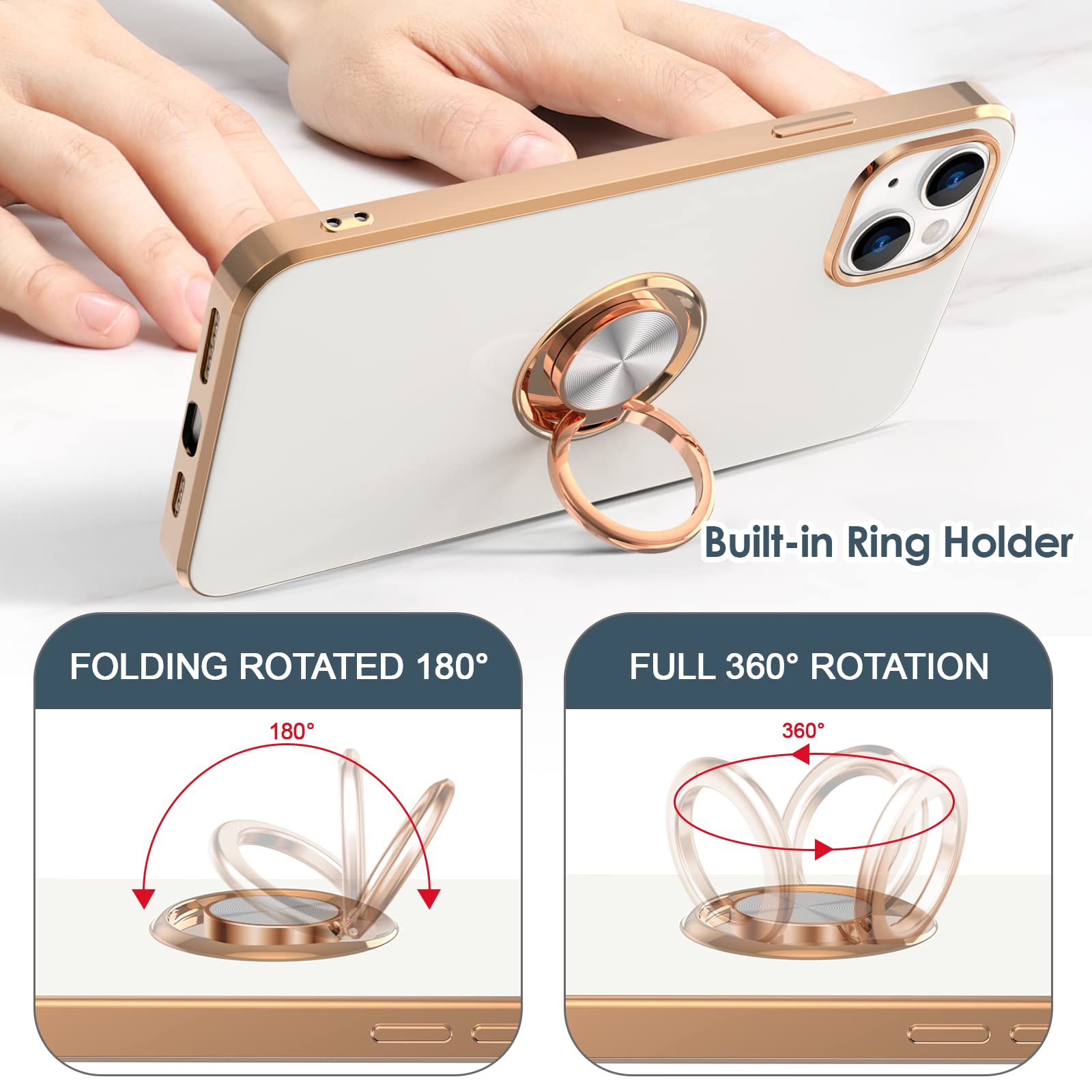 Hython For Iphone 14 Case With Ring Stand [360 Rotatable Ring Holder Magnetic Kickstand] [Support Car Mount] Plated Rose Gold Ed