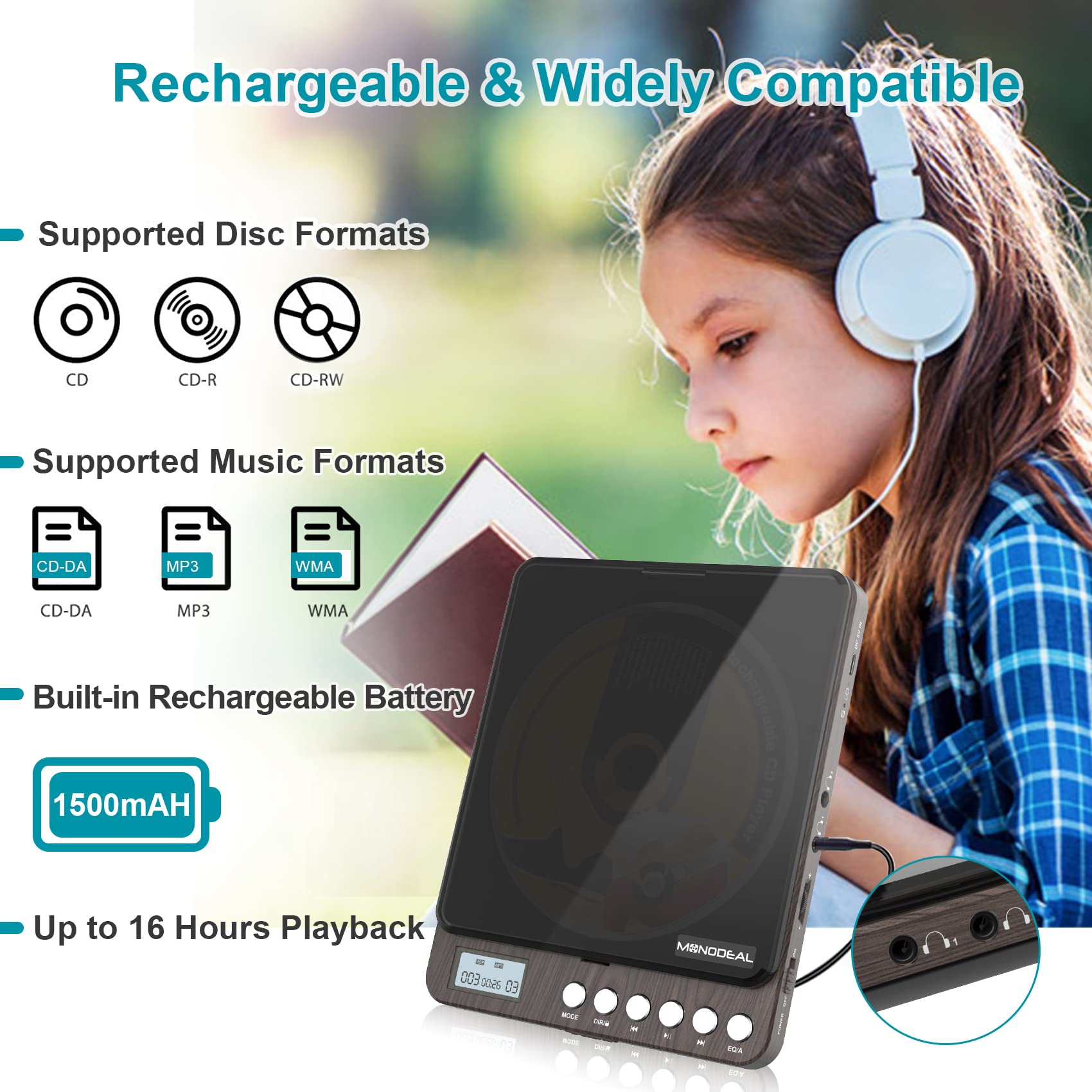 Cd Player Portable, Monodeal Portable Rechargeable Cd Player With Dual Headphones Jack, Small Anti Skip Cd Player For Car/Travel/Home Portable, Personal Cd Player For Adults Kids (Dark Brown)