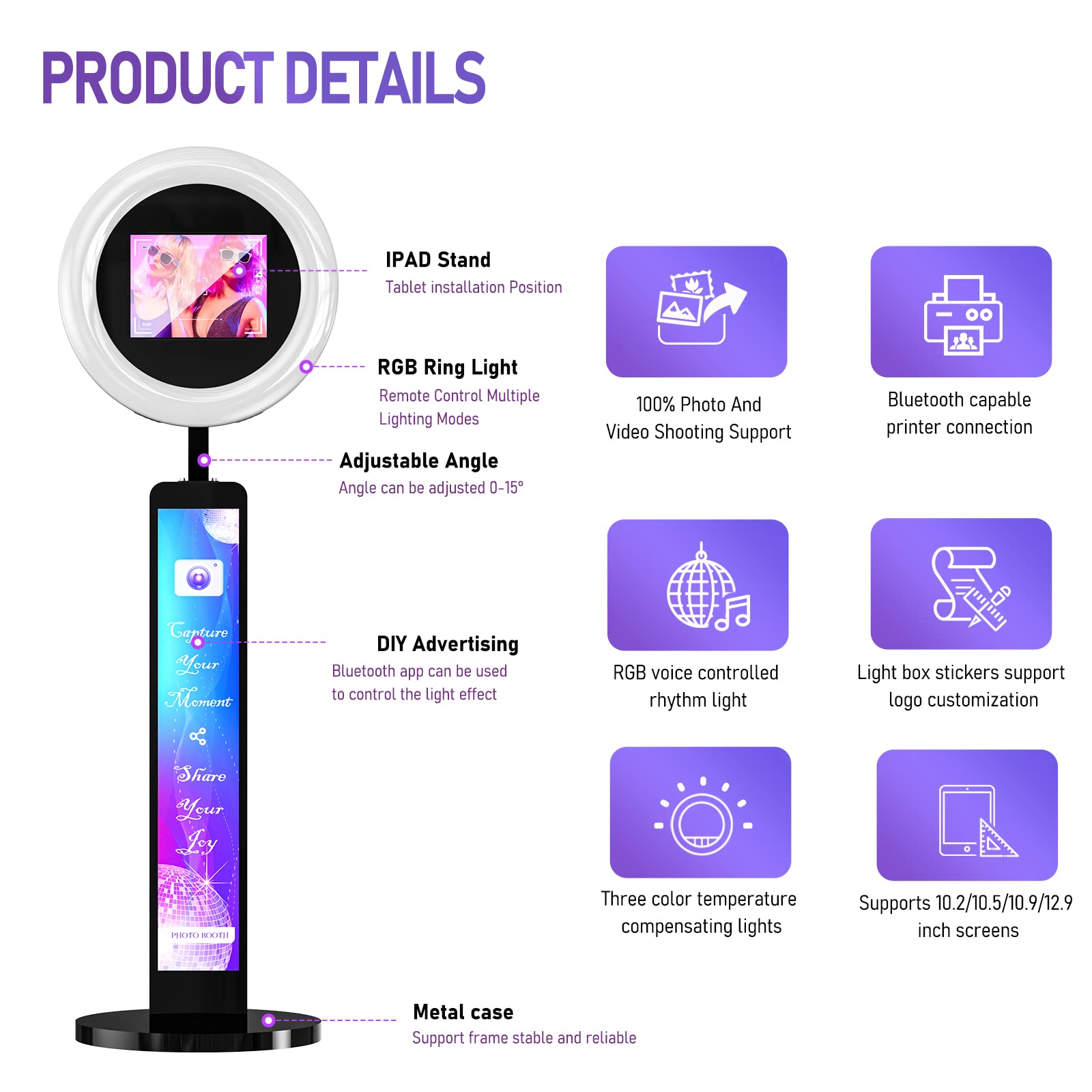 Harzhi Portable Photo Booth Compatible With Any Ipad, For Ipad Photo Booth Shell Stand Stand Software App Control Ring Light, Fl