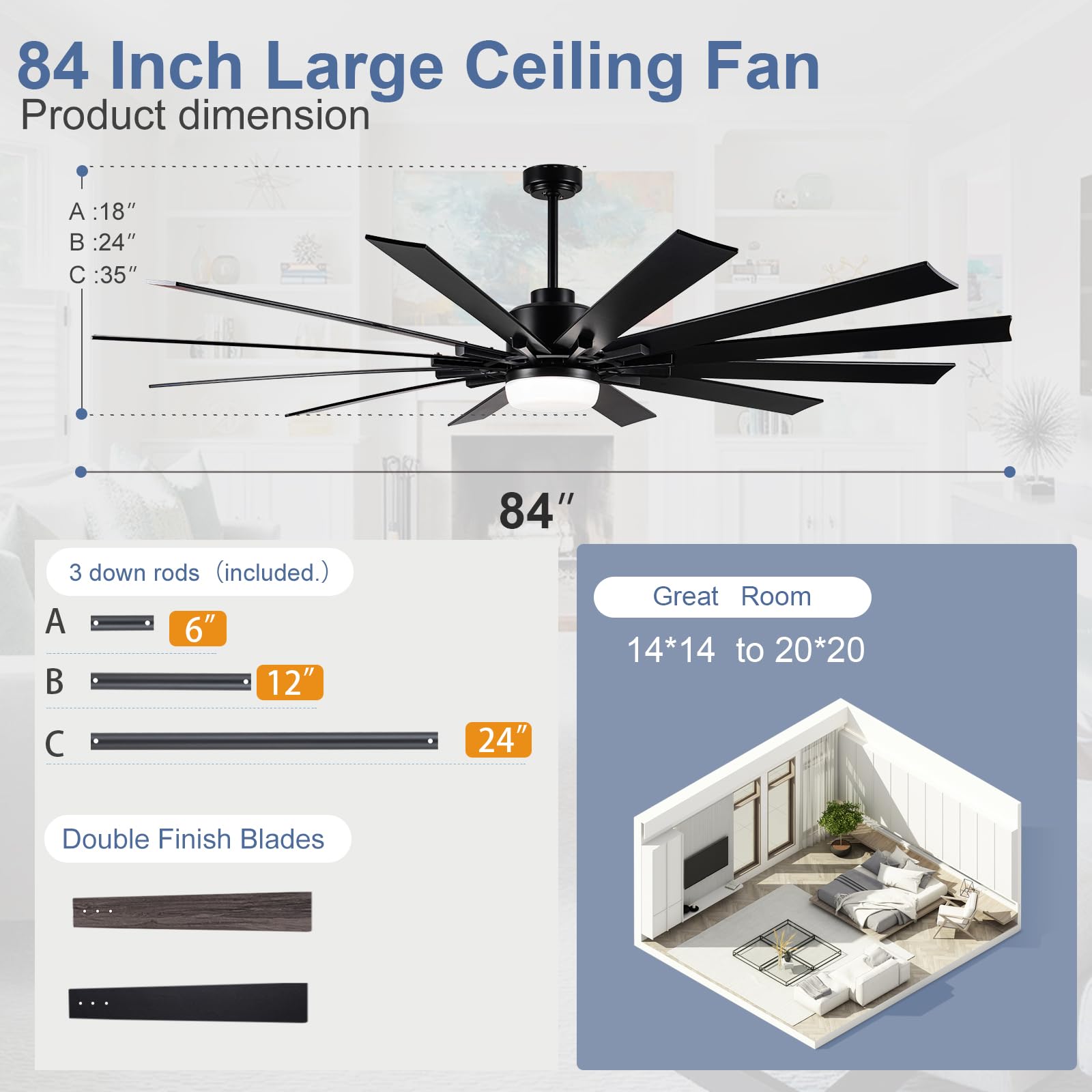 84 Inch Large Ceiling Fan With Light,12 Blades Reversible Dc Ceiling Fan,6 Speeds Remote Control,Dimmable 3 Color Temperatures L