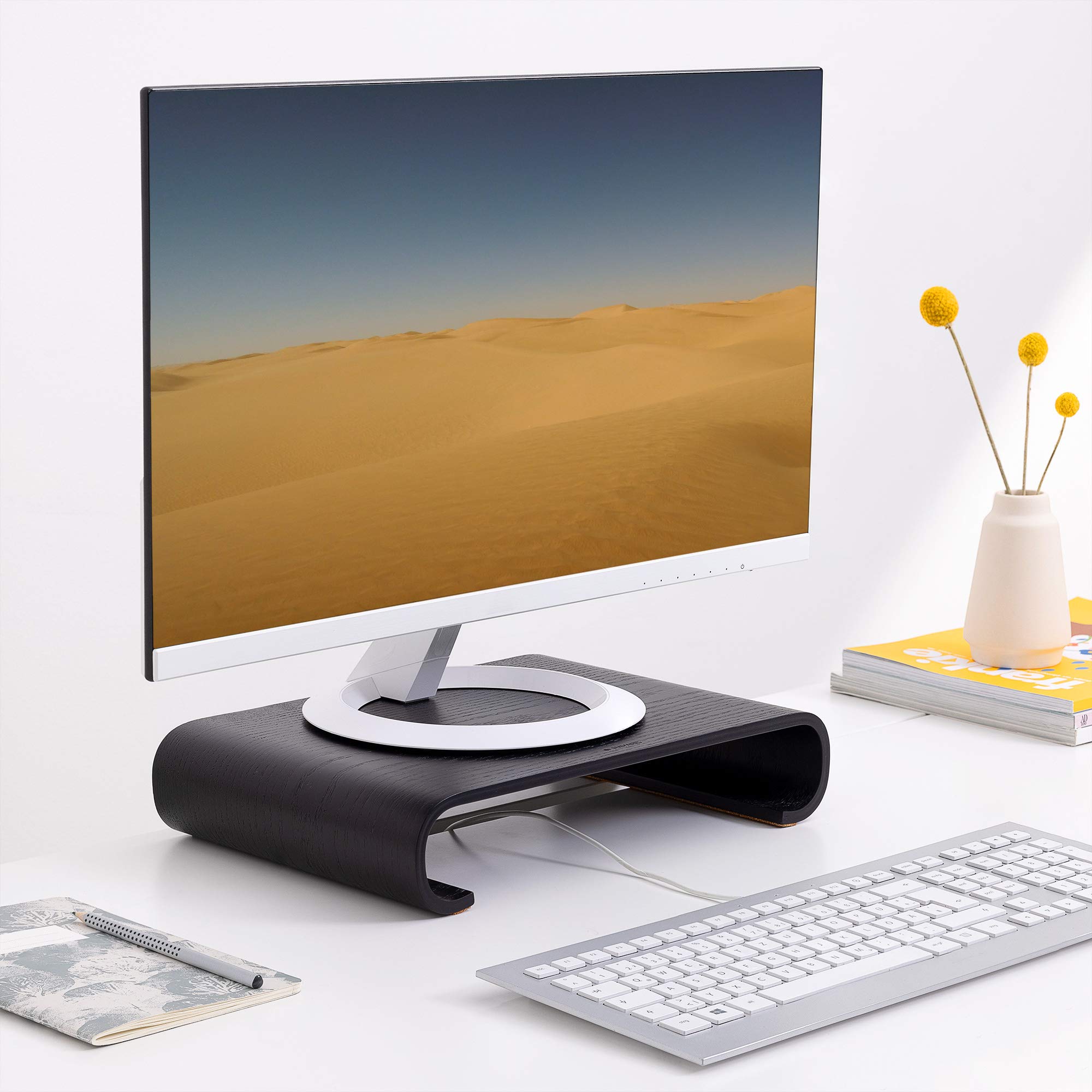 Navaris Wood Monitor Stand Riser   Computer Desk Organizer Desktop Dock Wooden Mount Display For Pc Tv Screen Notebook Laptop