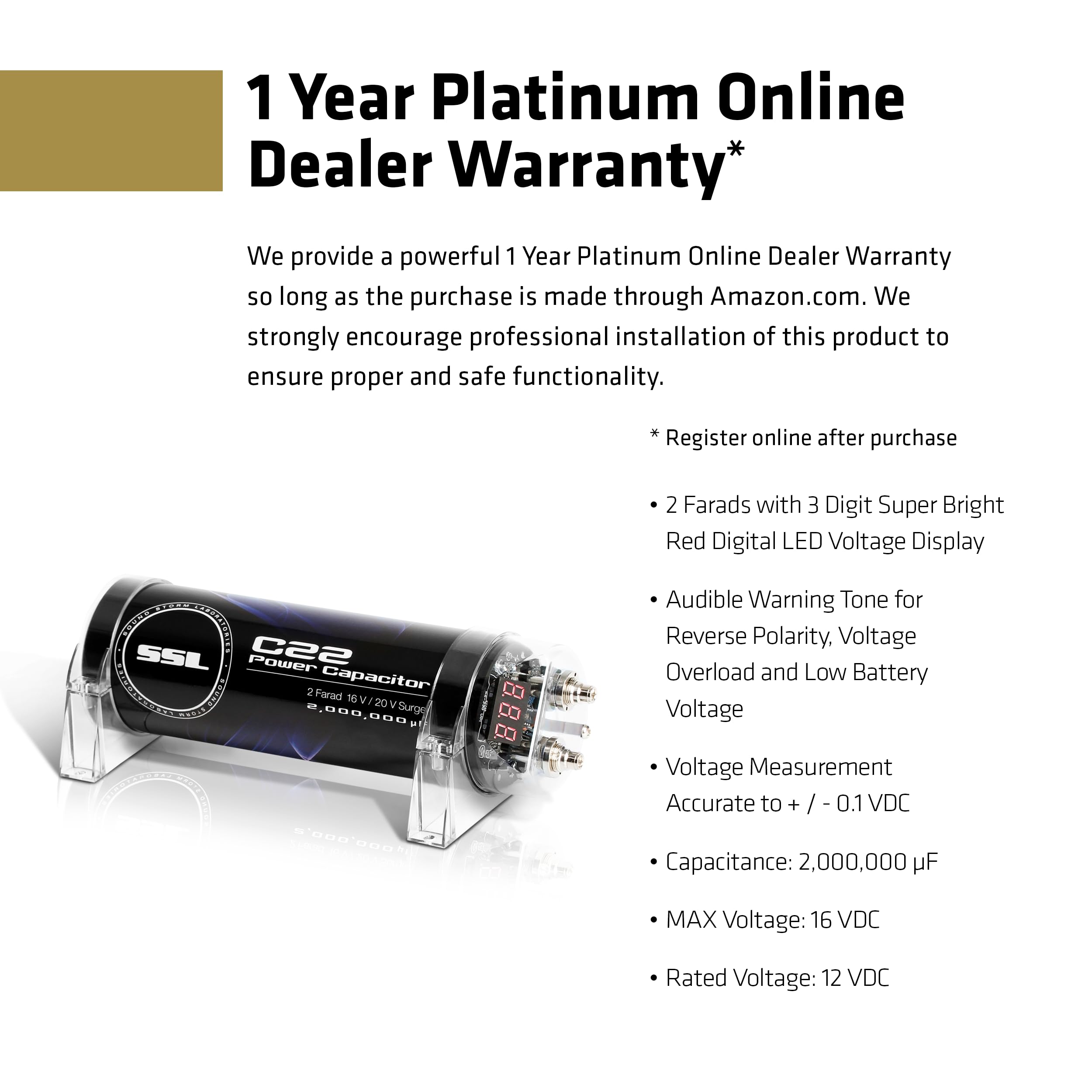 Sound Storm Laboratories C22 Car Audio Capacitor   2 Farad, Energy Storage, Enhance Bass From Stereo, For Amplifier And Subwoofe