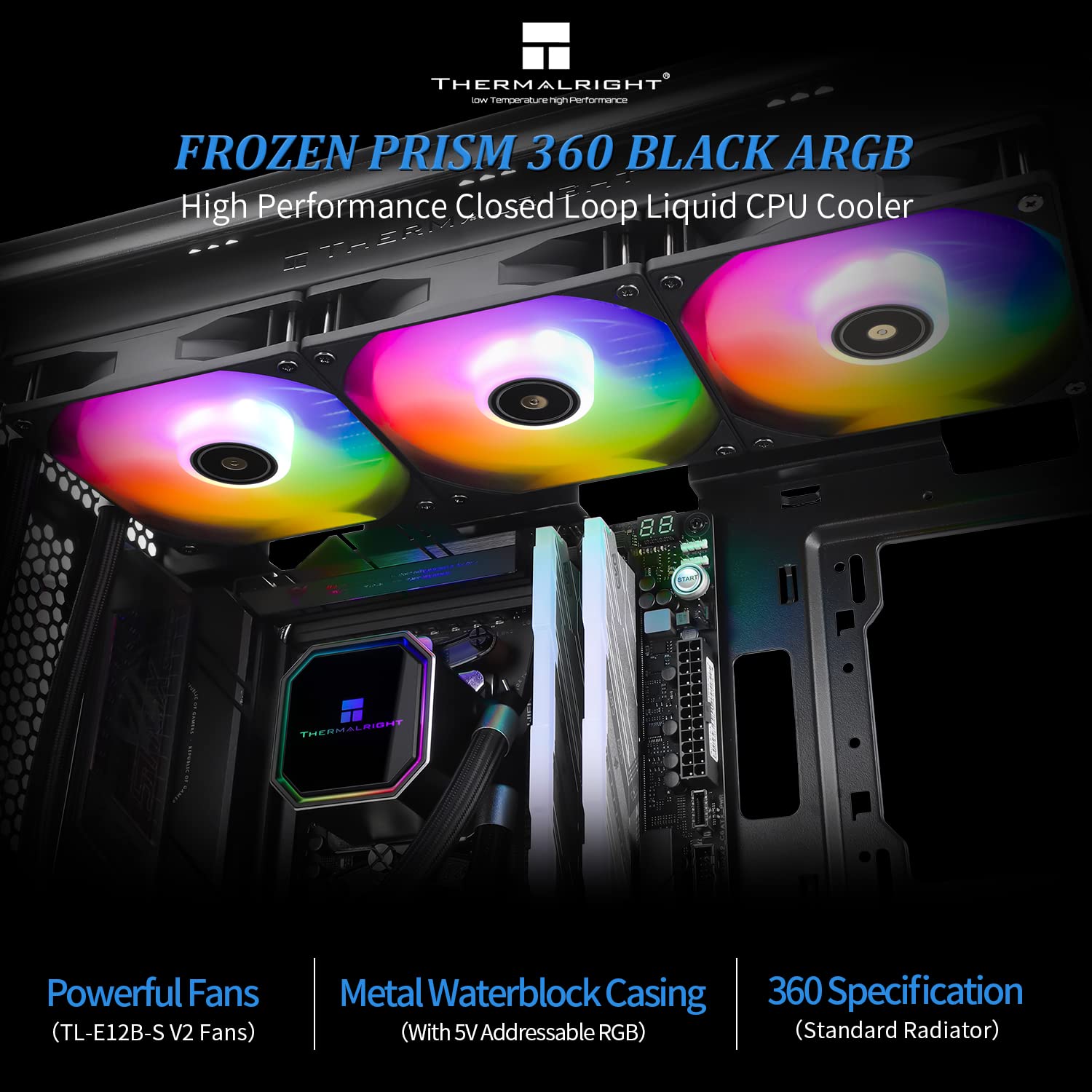 Thermalright Frozen Prism360 Black Argb Cpu Liquid Cooler,Efficient Pwm Controlled Pump 3300Rpm,3  Tl E12 Series Pwm Fan,Water C