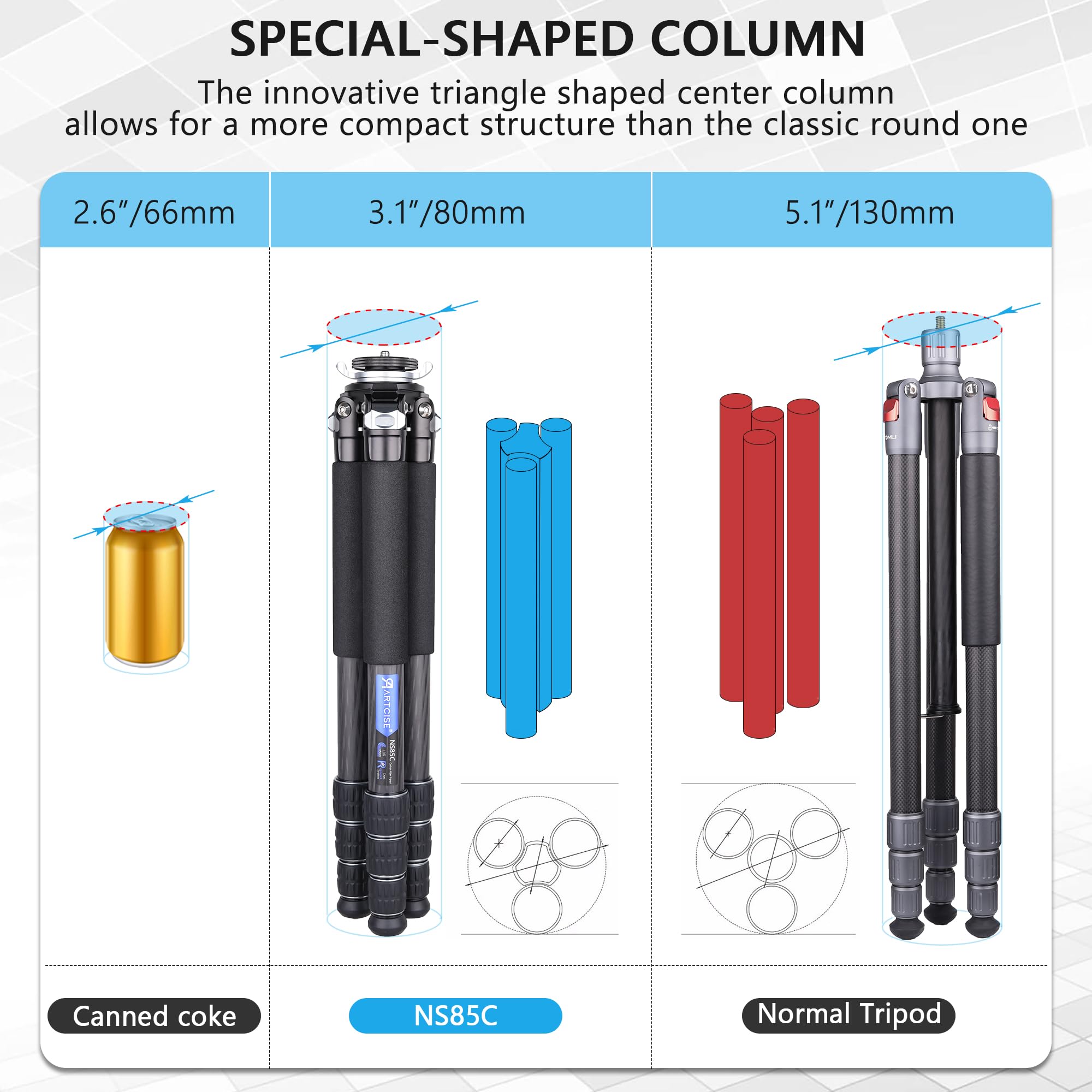 Carbon Fiber Camera Tripod With 44Mm Low Profile Ball Head Artcise Ns85C Professional Compact Tripod,Special Shaped Center Column,10 Layers Carbon Fiber, 32Mm Leg Tube,Max Load 55Lbs/25Kg Black