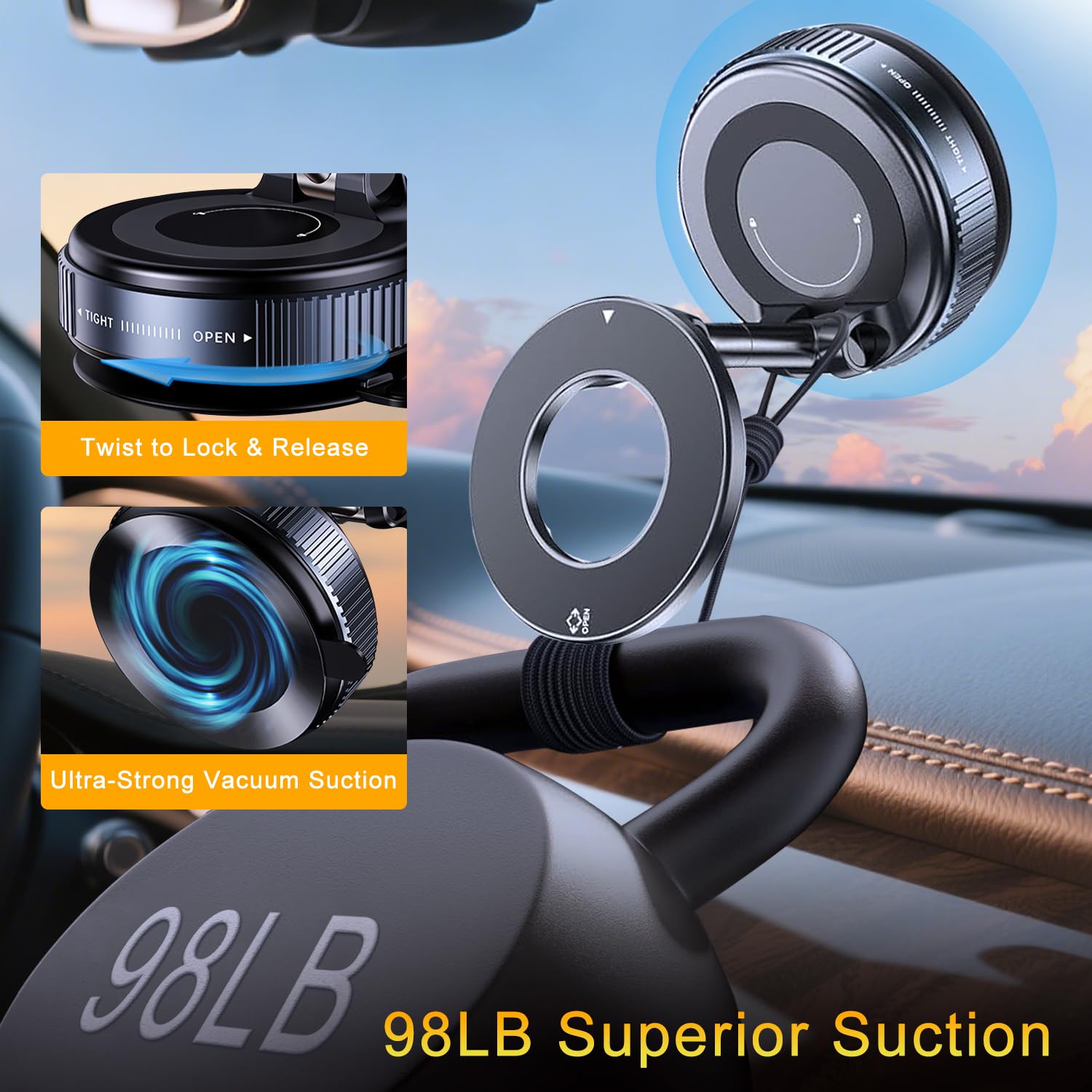 Jkoailiwi Upgraded 360 Adjustable Vacuum Magnetic Phone Holder Stand, Foldable Suction Cup Phone Mount For Magsafe, Hands-Free M