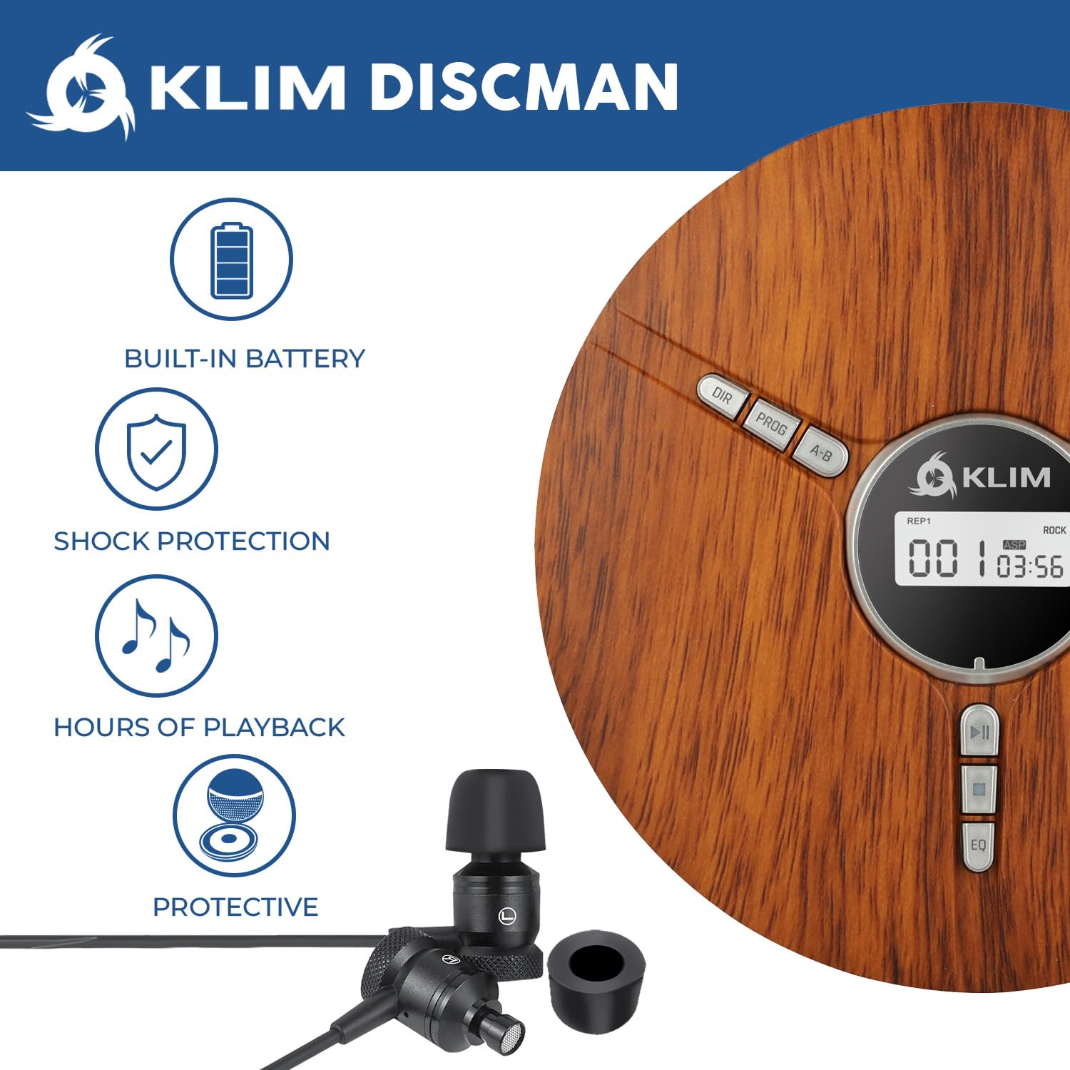 Klim Discman Portable Cd Player With A Built In Battery   New 2024   Ideal Car Cd Player With Earphones   Compatible Cd R Cd Rw