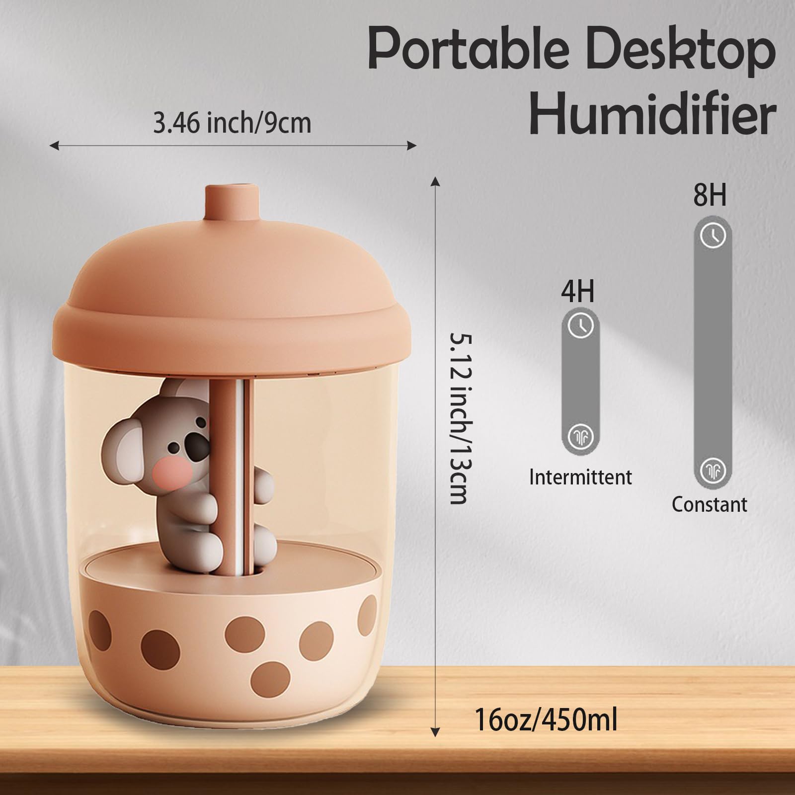 450Ml Portable Humidifier, Mini Cool Mist Humidifier With Koala Theme, Usb Personal Humidifier Auto Shut Off, Ultra Quiet (Coffe