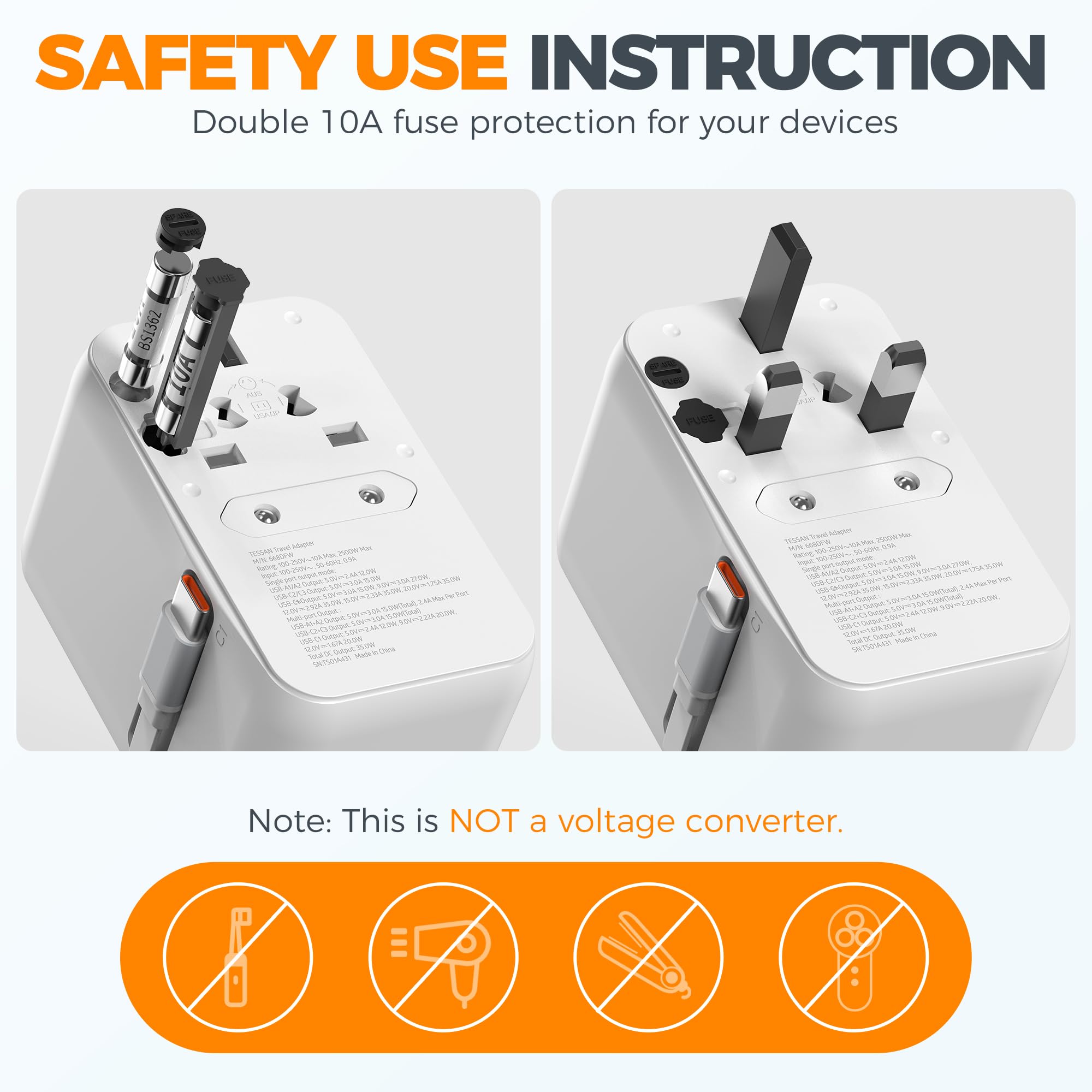Universal Travel Adapter, Tessan 35W International Plug Adapter Built In 1 Usb C Cable, 4 Usb Ports Travel Adaptor Worldwide For