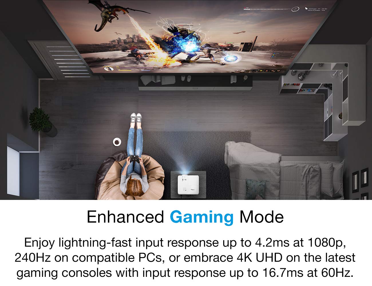 Optoma Uhd38 Bright, True 4K Uhd Gaming Projector | 4000 Lumens | 4.2Ms Response Time At 1080P With Enhanced Gaming Mode | Lowest Input Lag On 4K Projector | 240Hz Refresh Rate | Hdr10 & Hlg