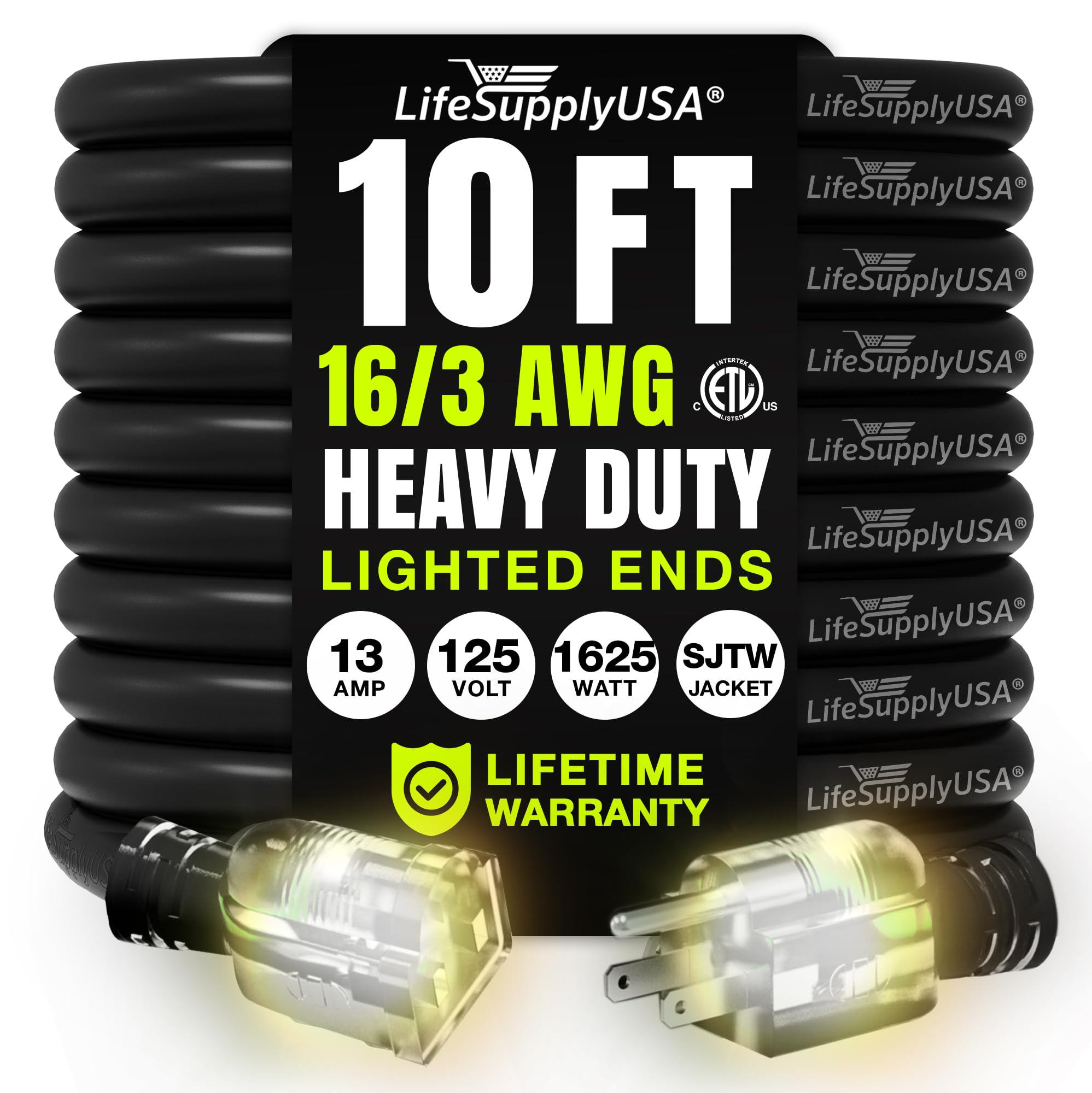 10Ft Power Outdoor Extension Cord & Indoor   Waterproof Electric Drop Cord Cable   3 Prong Sjtw, 16 Gauge, 13 Amp, 125 Volts, 16