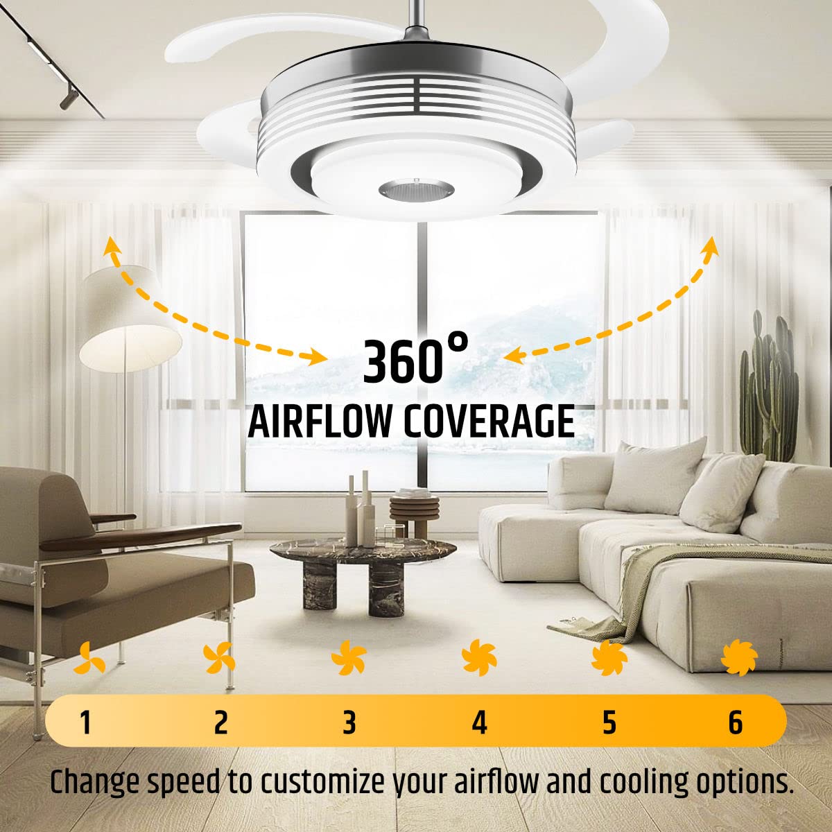 42 Inch Modern Retractable Ceiling Fan With Lights And Smart Remote,Led Fandelier Ceiling Fan With Light 6 Speed Bluetooth Speak