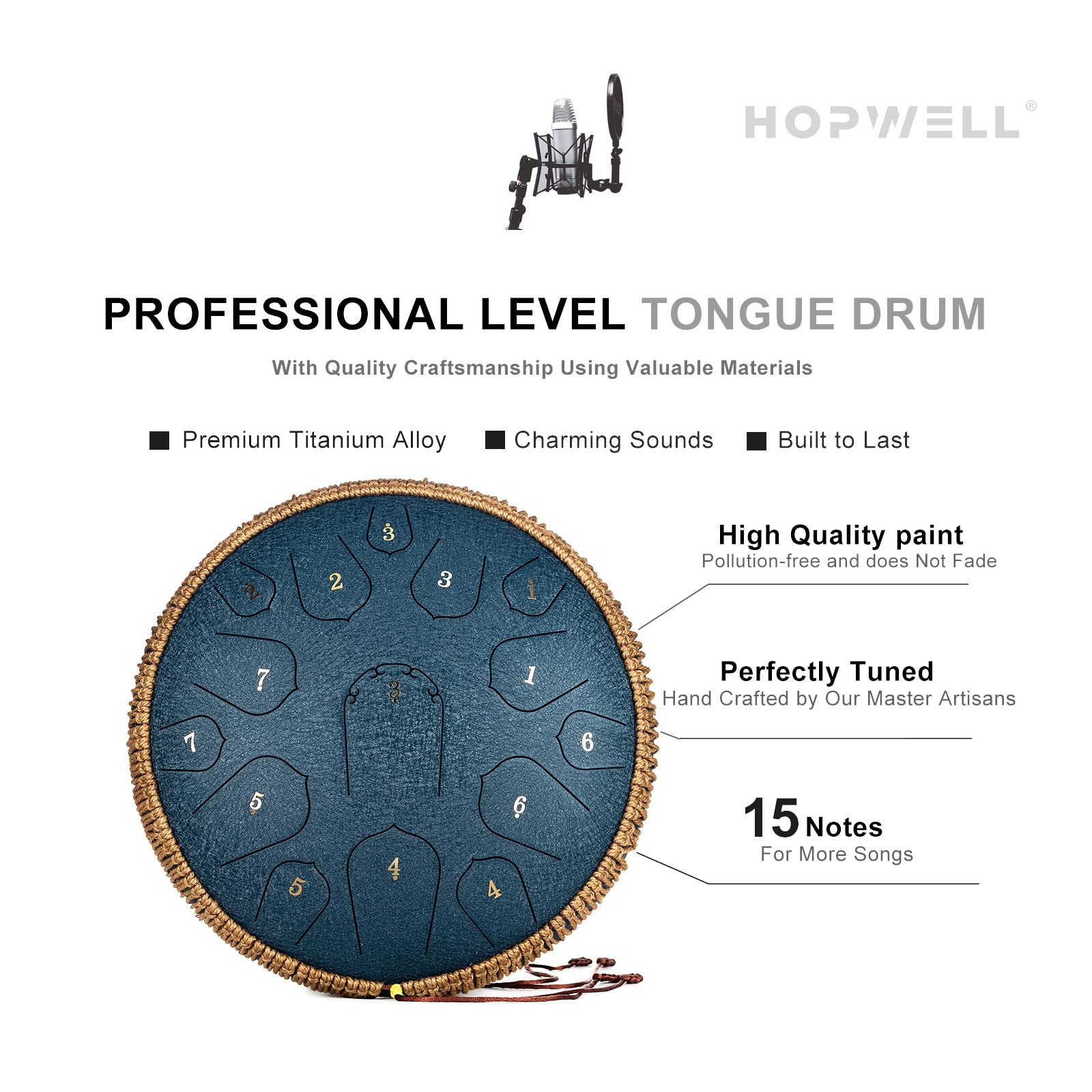 Hopwell Steel Tongue Drum   14 Inch 15 Note Tongue Drum   Hand Pan Drum With Music Book, Handpan Drum Mallets And Carry Bag, D M