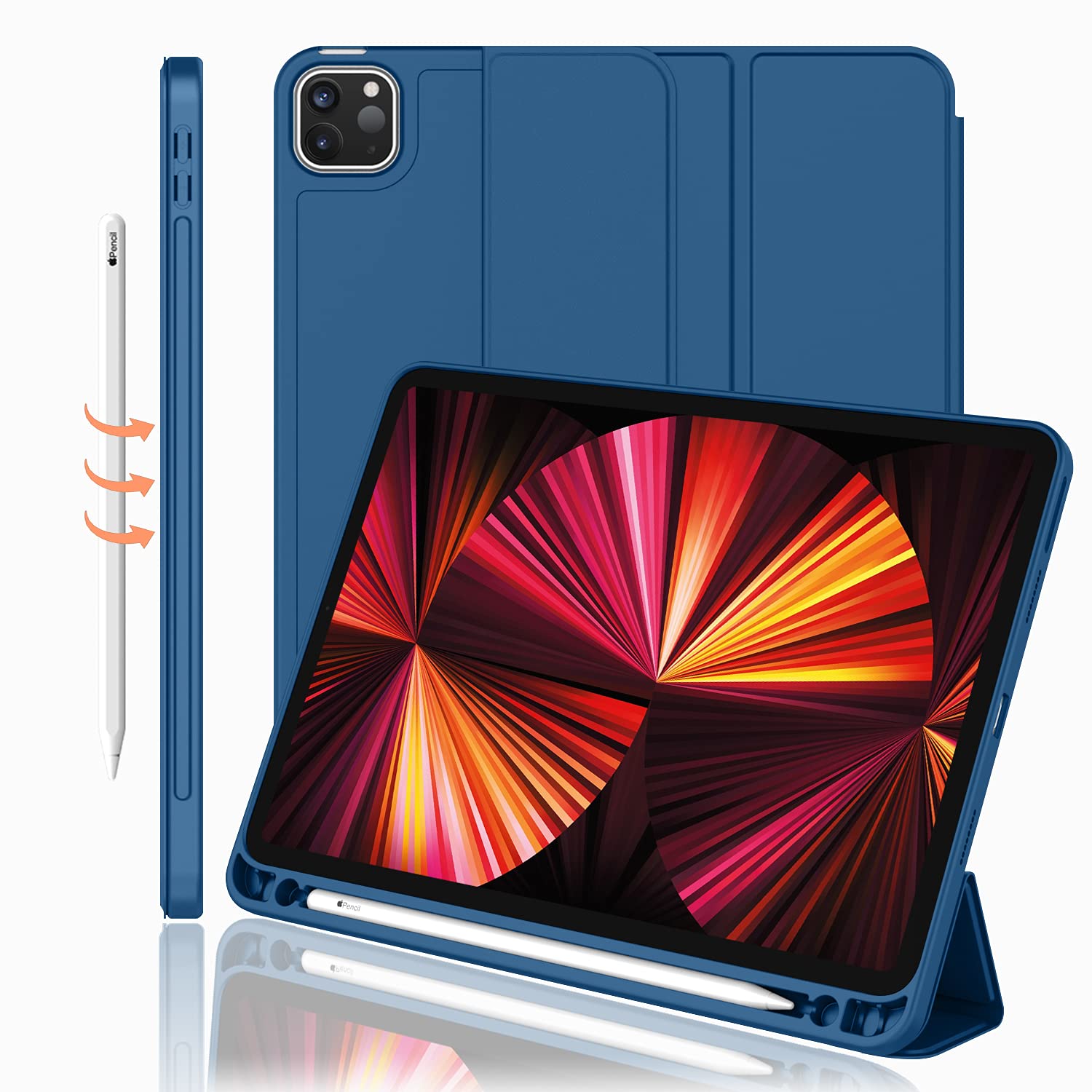 Imieet New Ipad Pro 11 Inch Case 2022(4Th Gen)/ 2021(3Rd Gen) With Pencil Holder [Support Ipad 2Nd Pencil Charging/Pair],Trifold Stand Smart Case With Soft Tpu Back,Auto Wake/Sleep(Navy Blue)