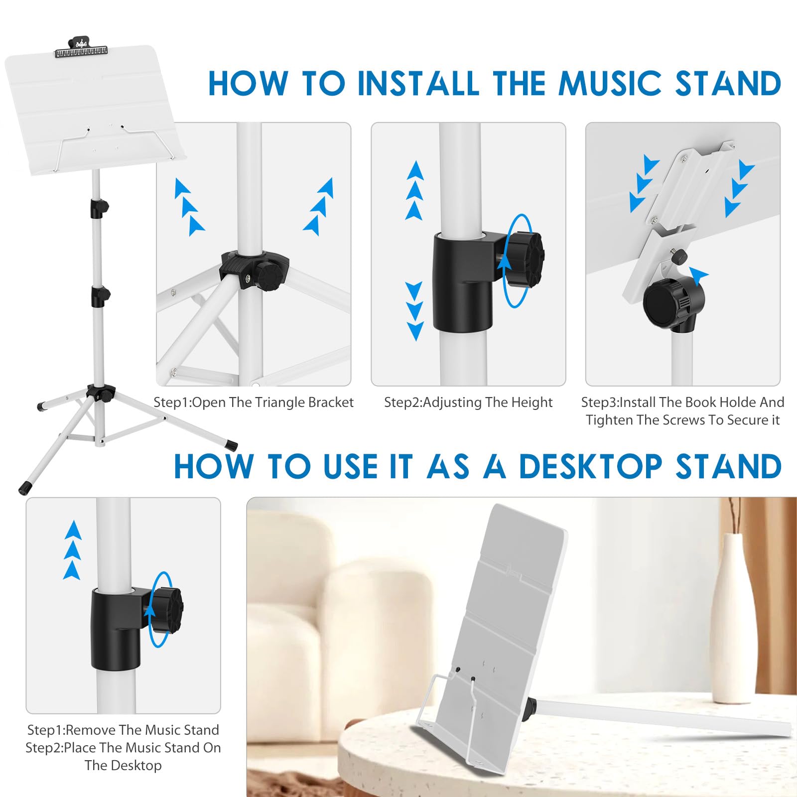 K Kasonic   Dual Use Folding Sheet Music Stand & Desktop Book Stand With Portable Carrying Bag, Sheet Music Folder & Clip Holder