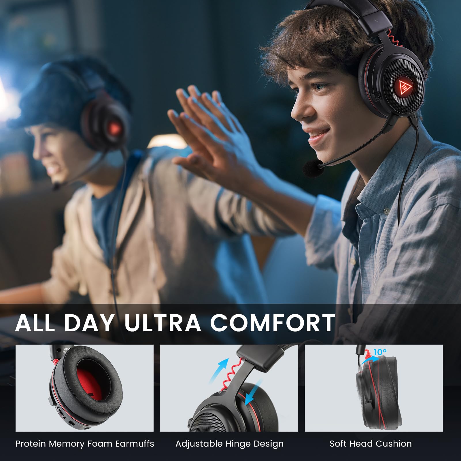 Eksa E900 Pro Usb Gaming Headset For Pc - Computer Headset With Detachable Noise Cancelling Mic, 7.1 Surround Sound, 50Mm Driver
