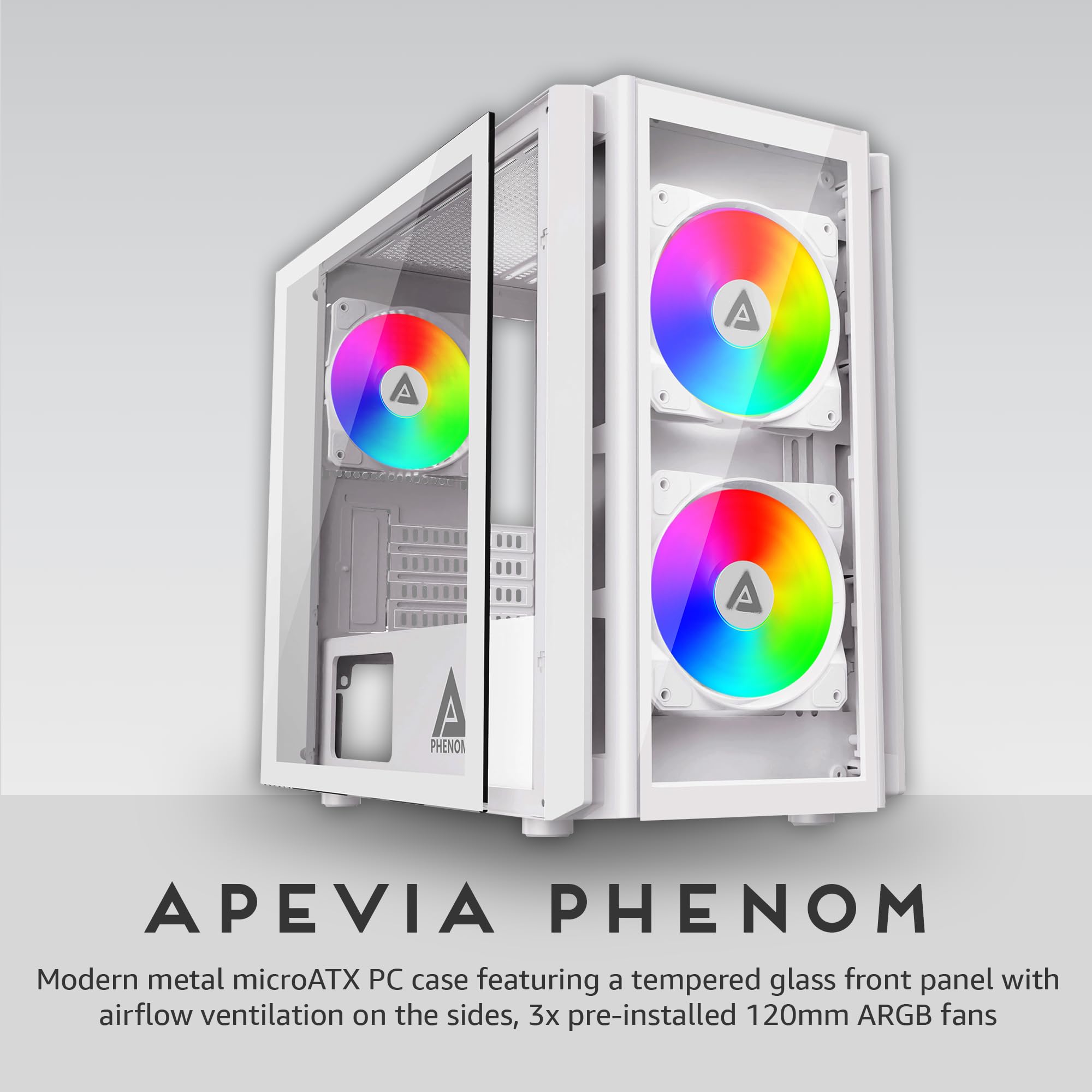 Apevia Phenom Wh Phenom Micro Atx Gaming Pc Case W/ 3X 120Mm Argb Fans, 366 Rgb Light Modes, 2X Tempered Glass Panels, Front Pan