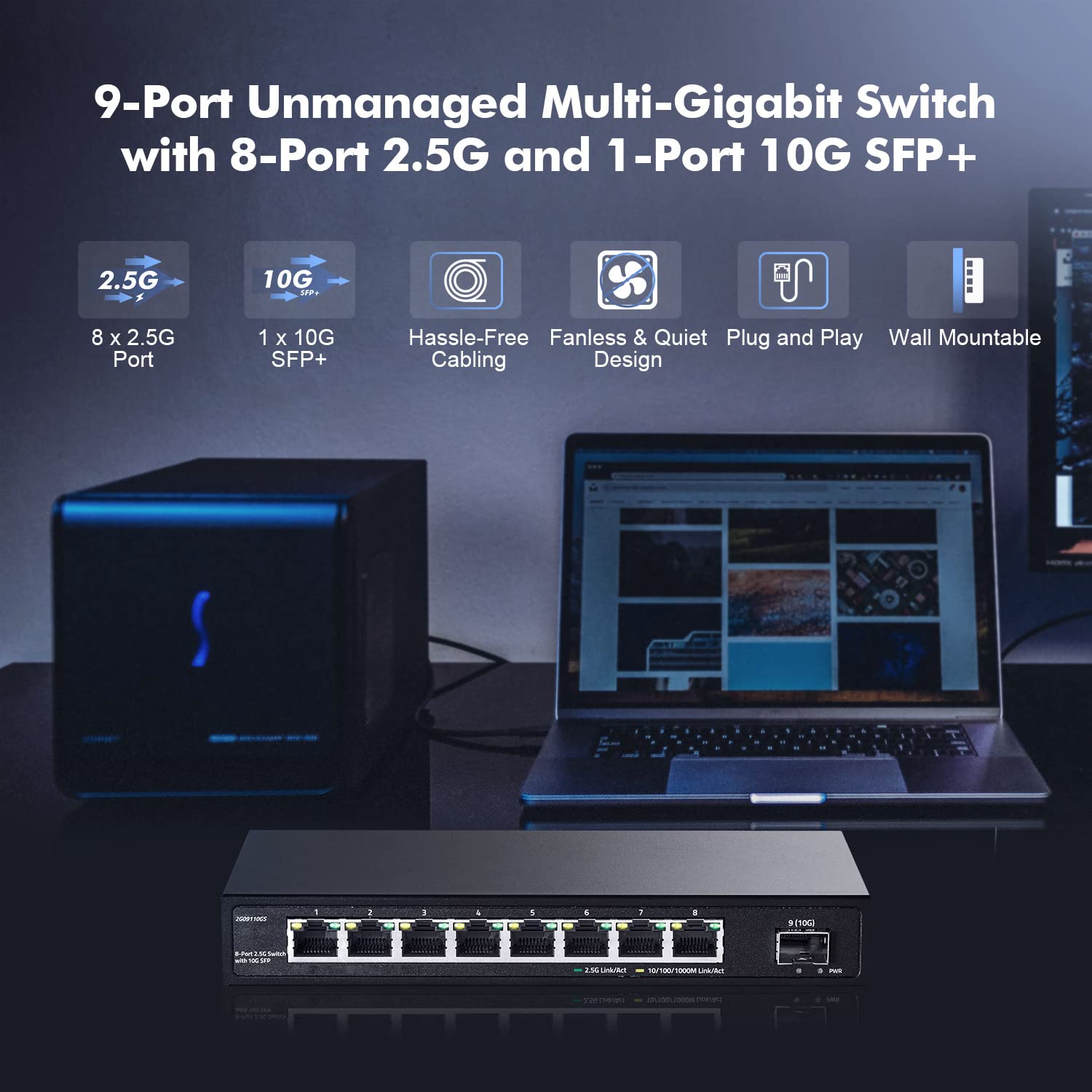 8 Port 2.5G Switch With 10G Sfp+, 8 X 2.5Gbase-T Ports, 2.5Gbps Network Hub Ethernet Splitter, Yulinca Multi-Gigabit Fanless Unm