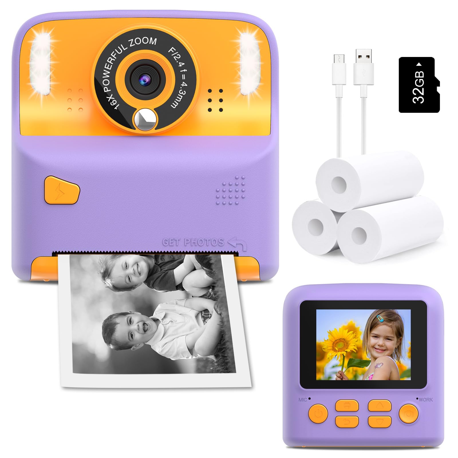 Instant Print Camera For Kids, Christmas Birthday Gift For 3 12 Year Old Girls Boys, Children Digital Camera Print Black And Whi