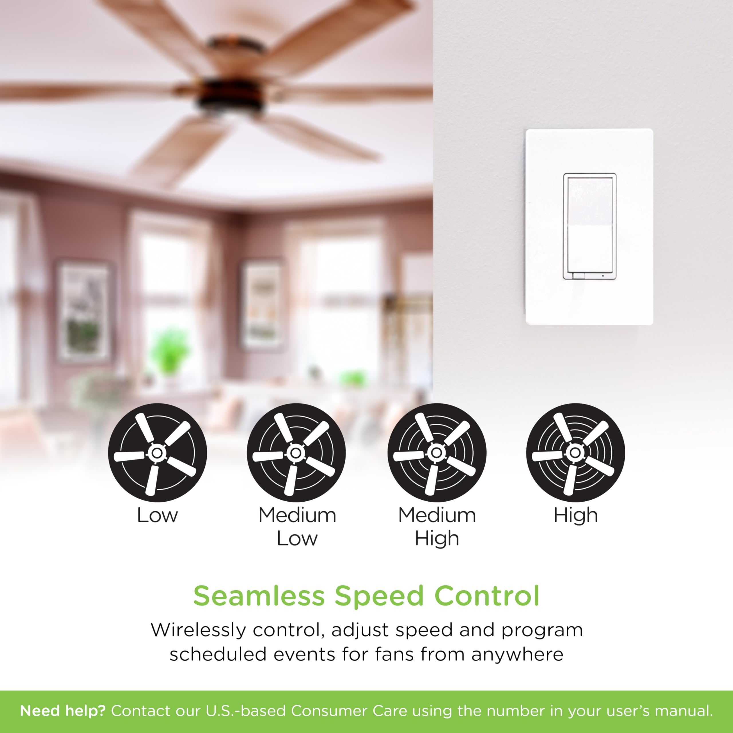 Enbrighten 58446 Z Wave Plus V2 In Wall Smart Fan Control, Paddle, 700 Series