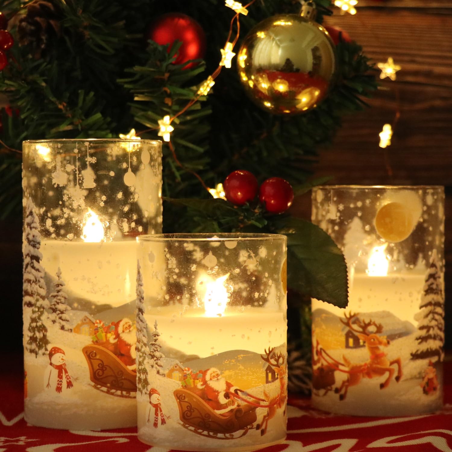 Wondise Santa Claus Glass Flameless Candles Remote And Timer, Battery Operated Real Wax Led Flickering Pillar Candles White Cold